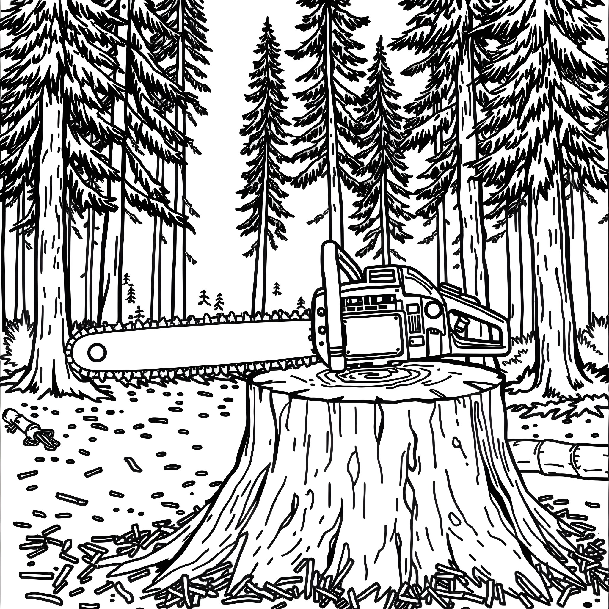 Chain Saw Cutting Fallen Tree in Forested Scene Coloring Page (free black-and-white line drawing printable PDF for all, from beginners to advanced learners, including children, teens, adults, and seniors)