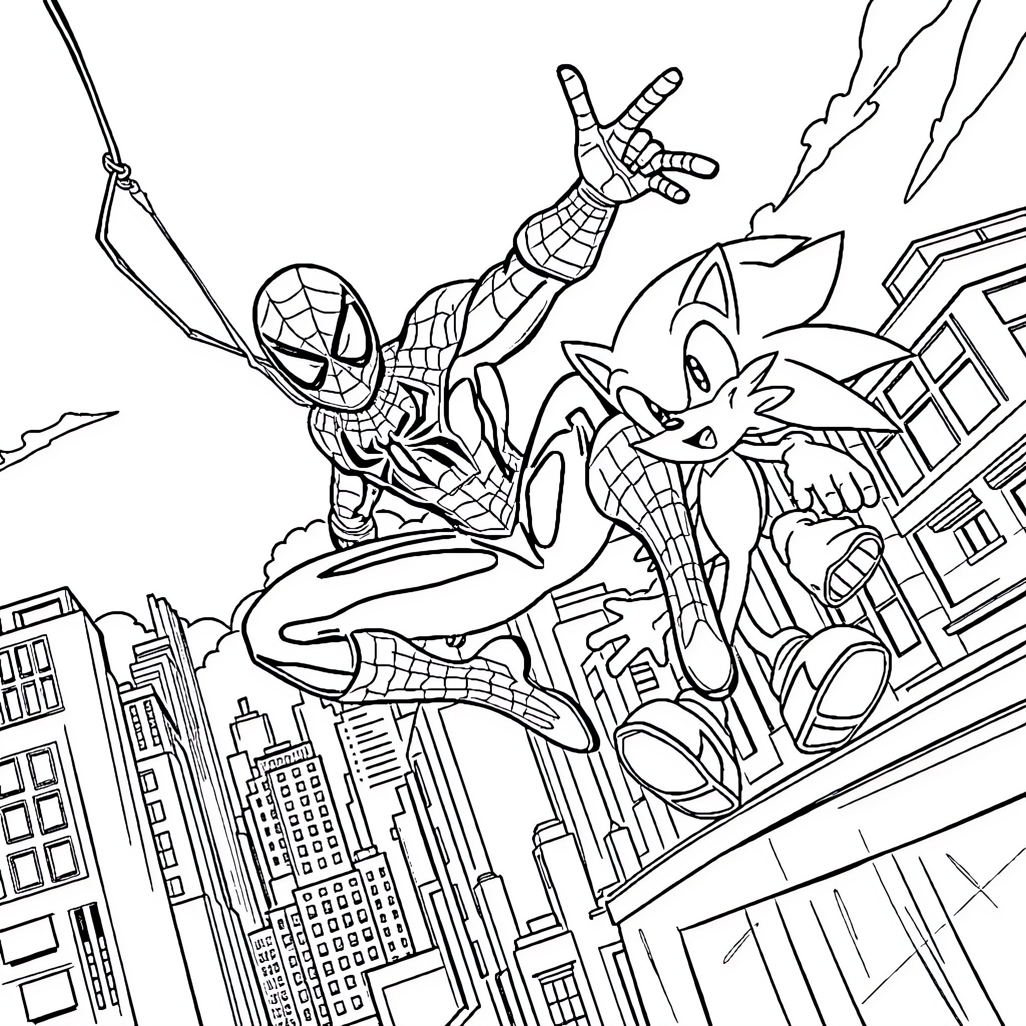 Spiderman swinging through the city with Sonic the Hedgehog Coloring Page (free black-and-white line drawing printable PDF for all, from beginners to advanced learners, including children, teens, adults, and seniors)