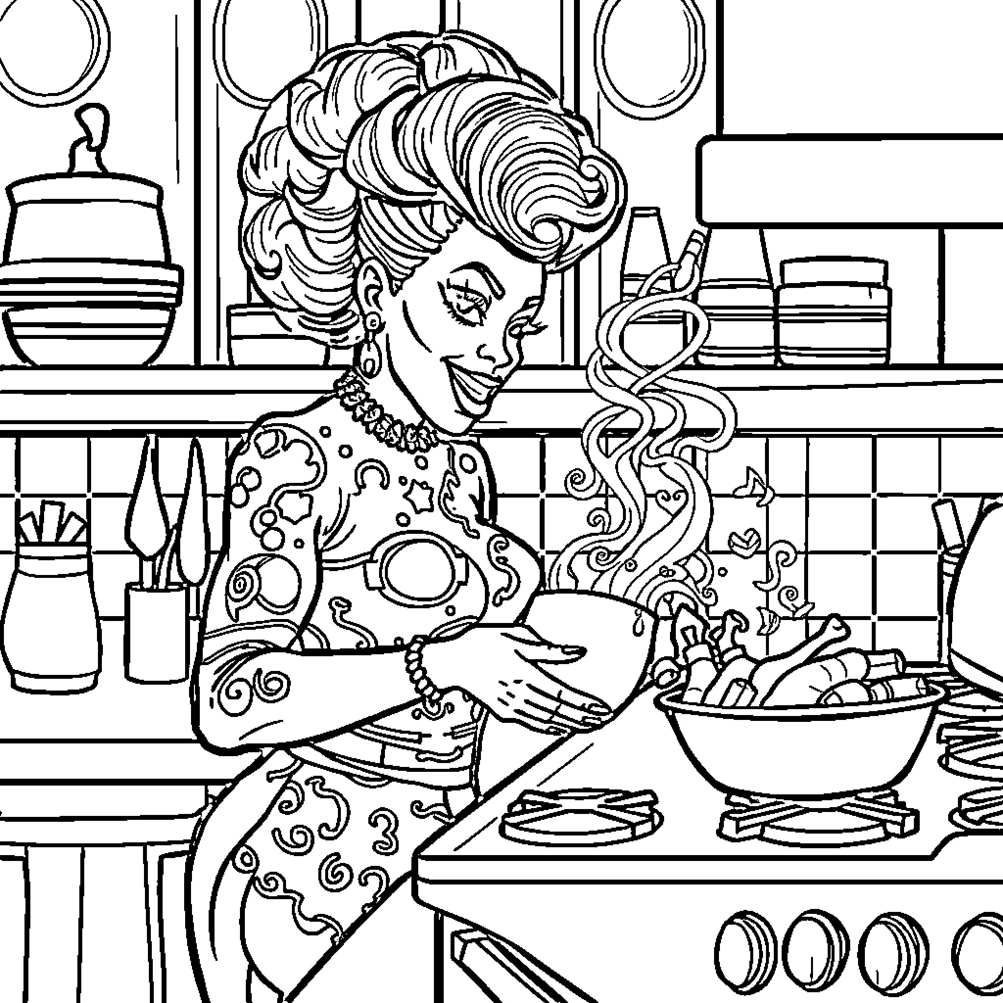 RuPaul's Dramatic Cooking Endeavor Coloring Page (free black-and-white line drawing printable PDF for all, from beginners to advanced learners, including children, teens, adults, and seniors)