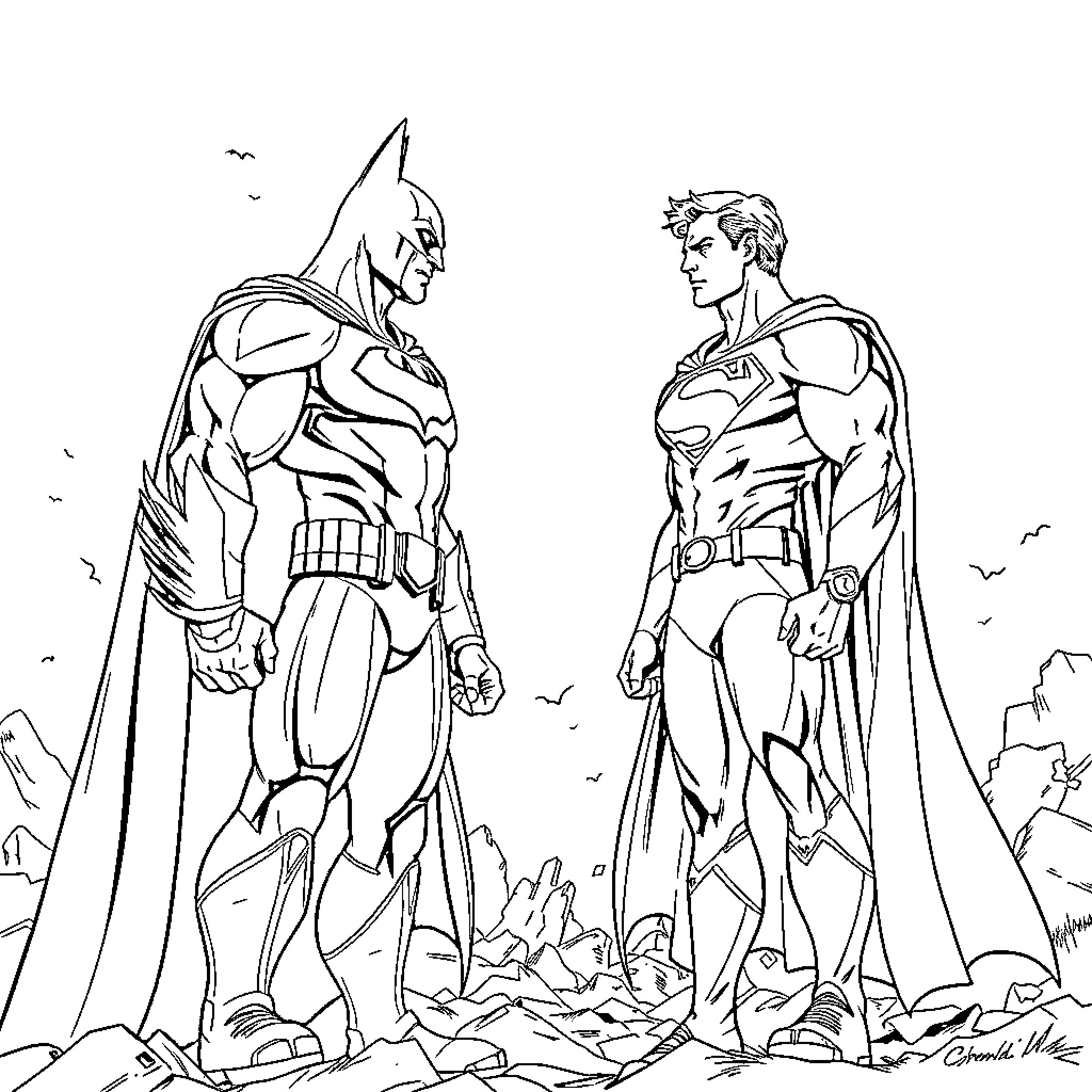 Batman and Superman facing challenges in the city Coloring Page (free black-and-white line drawing printable PDF for all, from beginners to advanced learners, including children, teens, adults, and seniors)