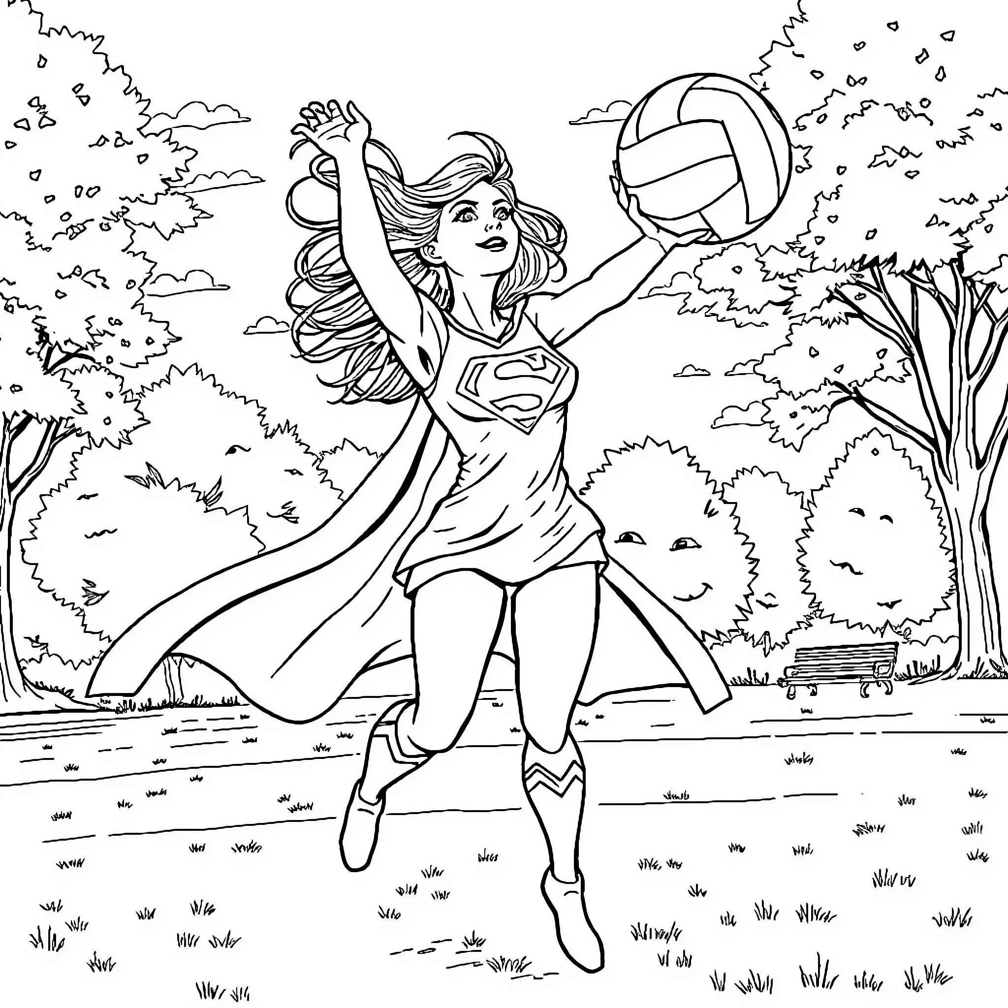 Supergirl soaring with volleyball in outdoors scene Coloring Page (free black-and-white line drawing printable PDF for all, from beginners to advanced learners, including children, teens, adults, and seniors)