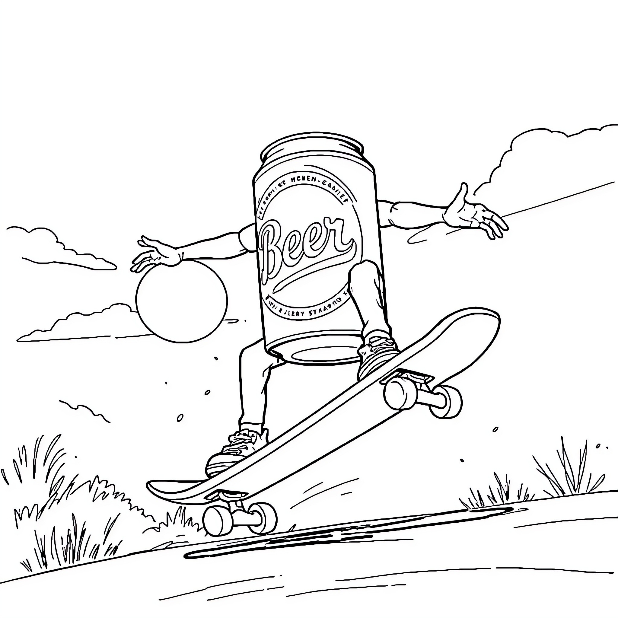 Beer Can skateboarding down a hill Coloring Page (free black-and-white line drawing printable PDF for all, from beginners to advanced learners, including children, teens, adults, and seniors)