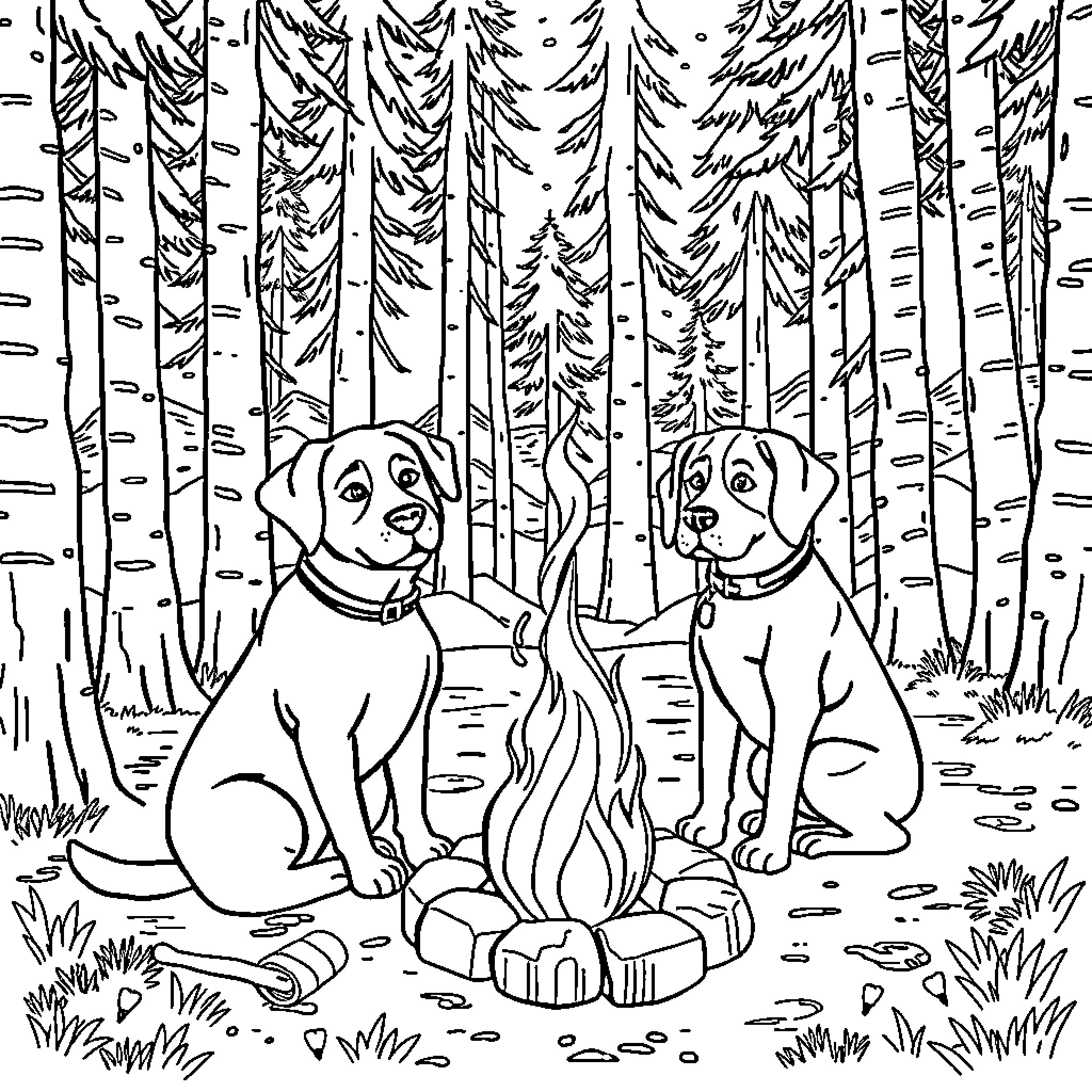 Dog companions enjoying the forest scenery Coloring Page (free black-and-white line drawing printable PDF for all, from beginners to advanced learners, including children, teens, adults, and seniors)