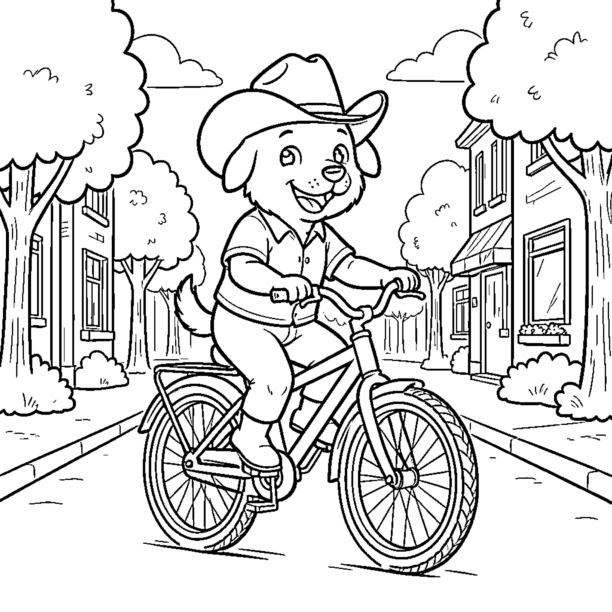 Dog riding a bicycle in a small town Coloring Page (free black-and-white line drawing printable PDF for all, from beginners to advanced learners, including children, teens, adults, and seniors)
