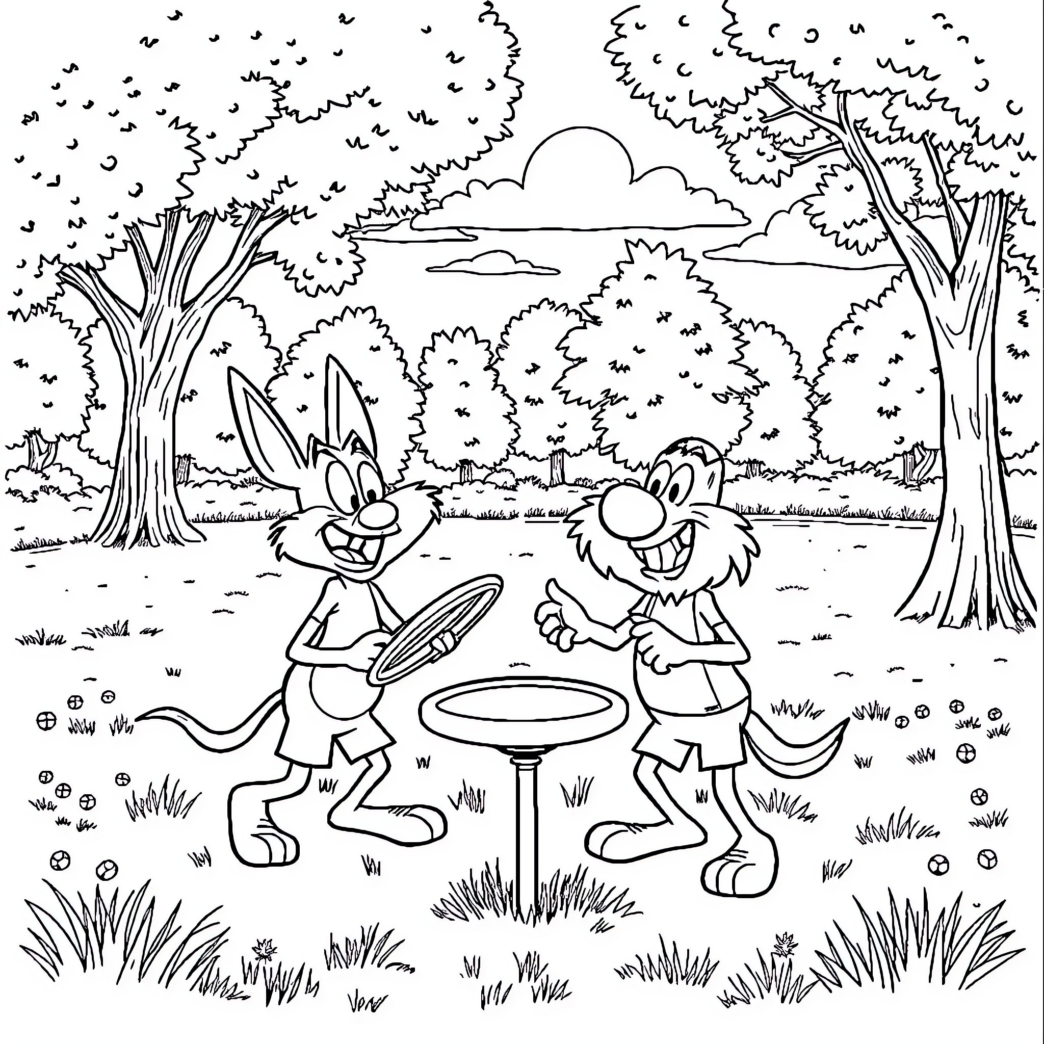 Ren and Stimpy playing in a forest landscape Coloring Page (free black-and-white line drawing printable PDF for all, from beginners to advanced learners, including children, teens, adults, and seniors)