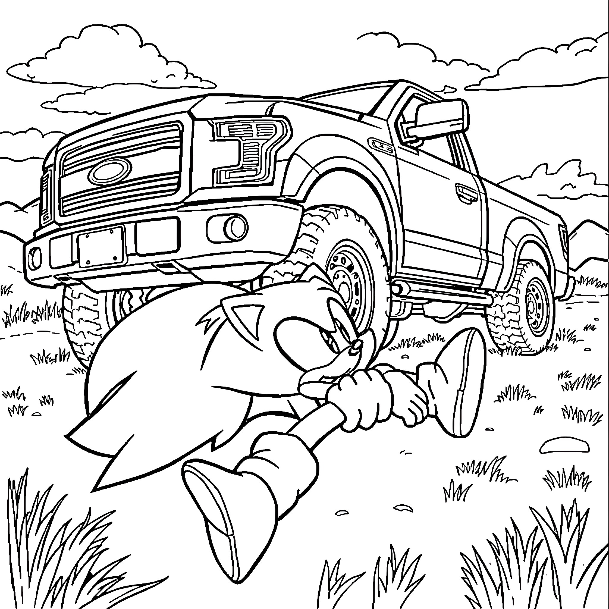 Sonic enjoying the outdoors in a sturdy vehicle Coloring Page (free black-and-white line drawing printable PDF for all, from beginners to advanced learners, including children, teens, adults, and seniors)