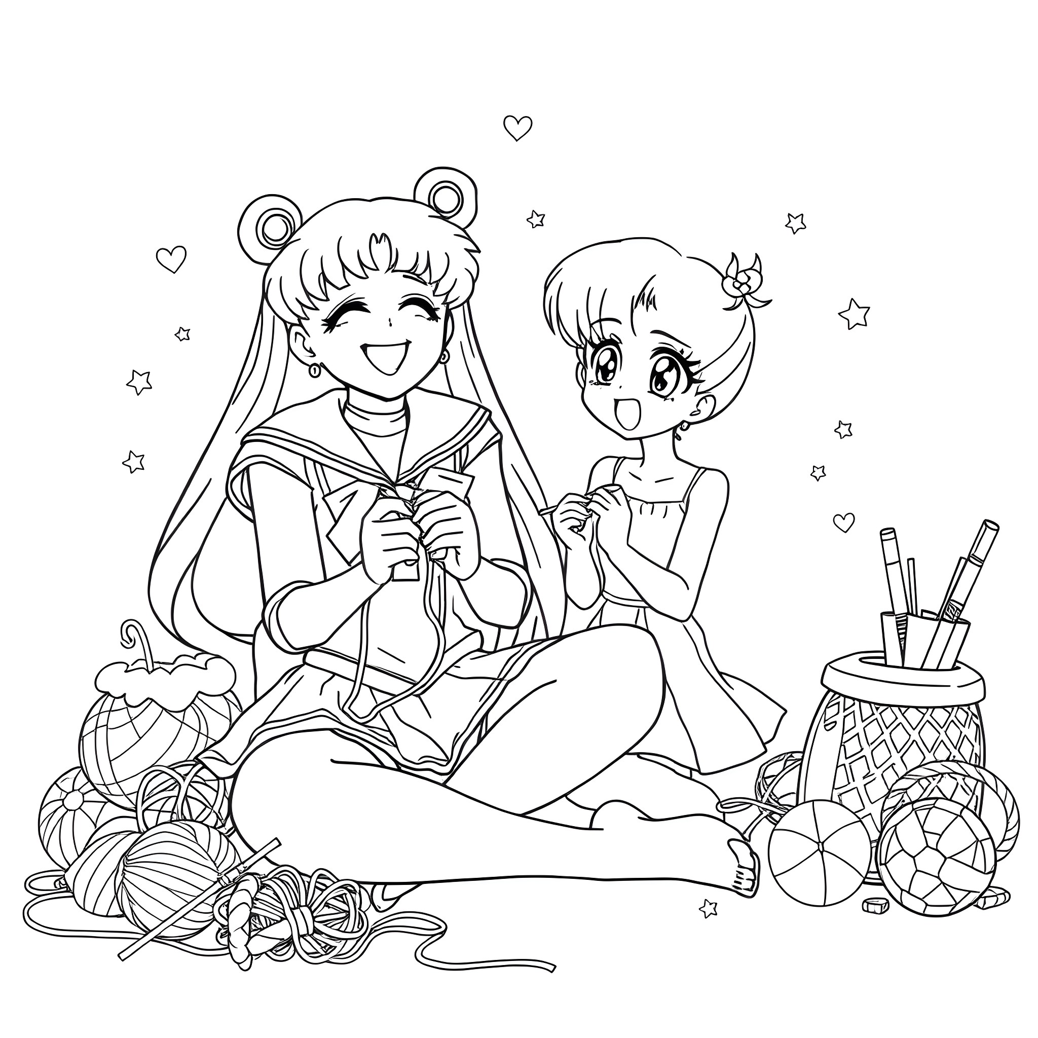 Sailor Moon characters enjoying a cozy crafting session Coloring Page (free black-and-white line drawing printable PDF for all, from beginners to advanced learners, including children, teens, adults, and seniors)