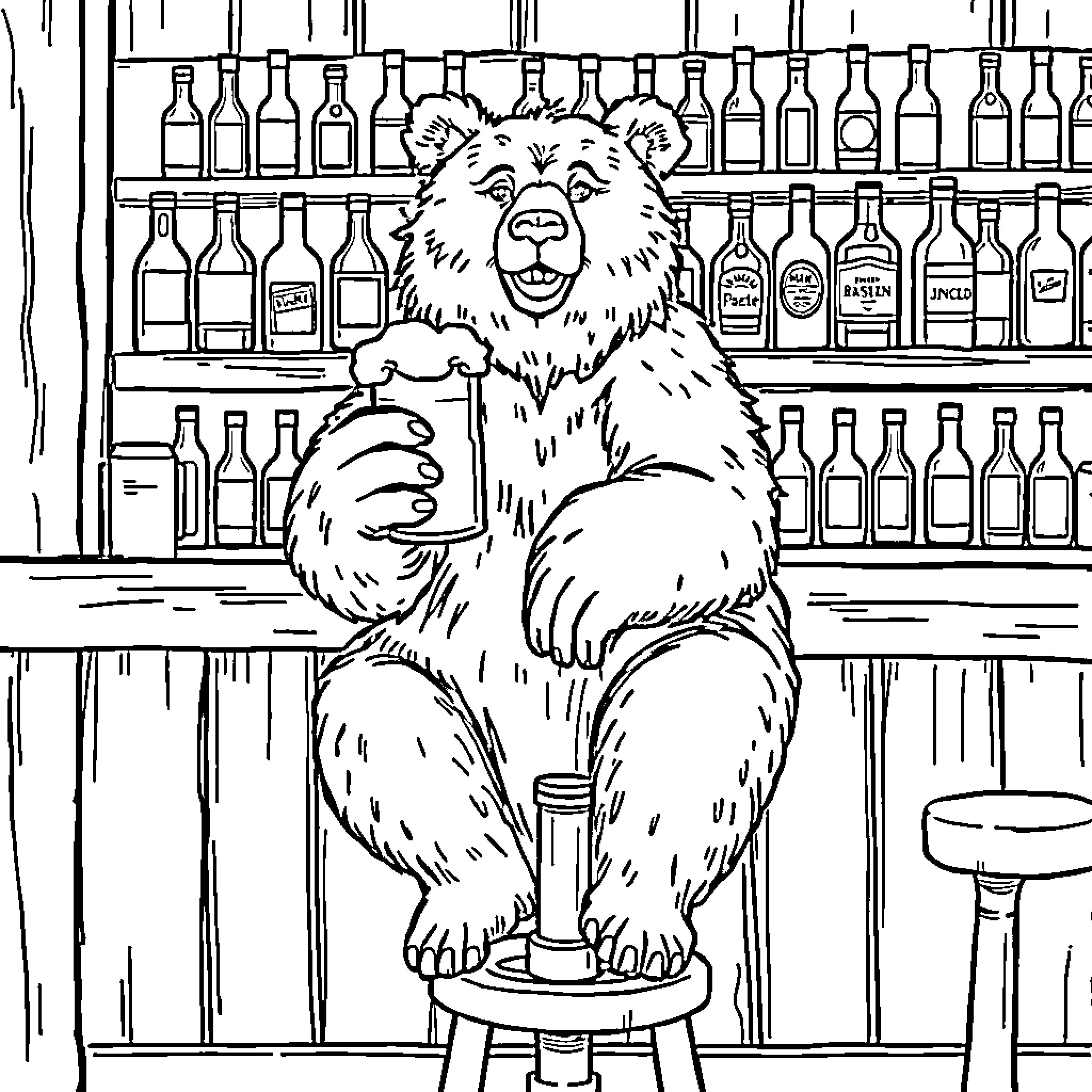 Grizzly Bear Relaxing at a Bar Coloring Page (free black-and-white line drawing printable PDF for all, from beginners to advanced learners, including children, teens, adults, and seniors)
