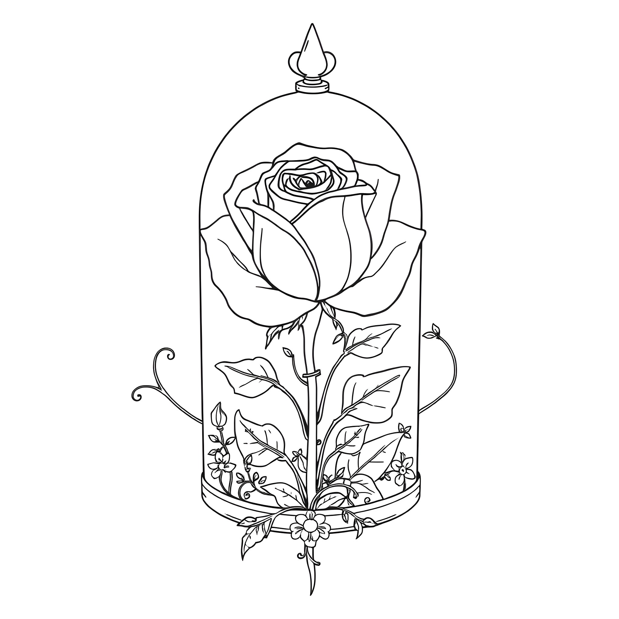 Rose in a Magical Glass Dome Coloring Page (free black-and-white line drawing printable PDF for all, from beginners to advanced learners, including children, teens, adults, and seniors)