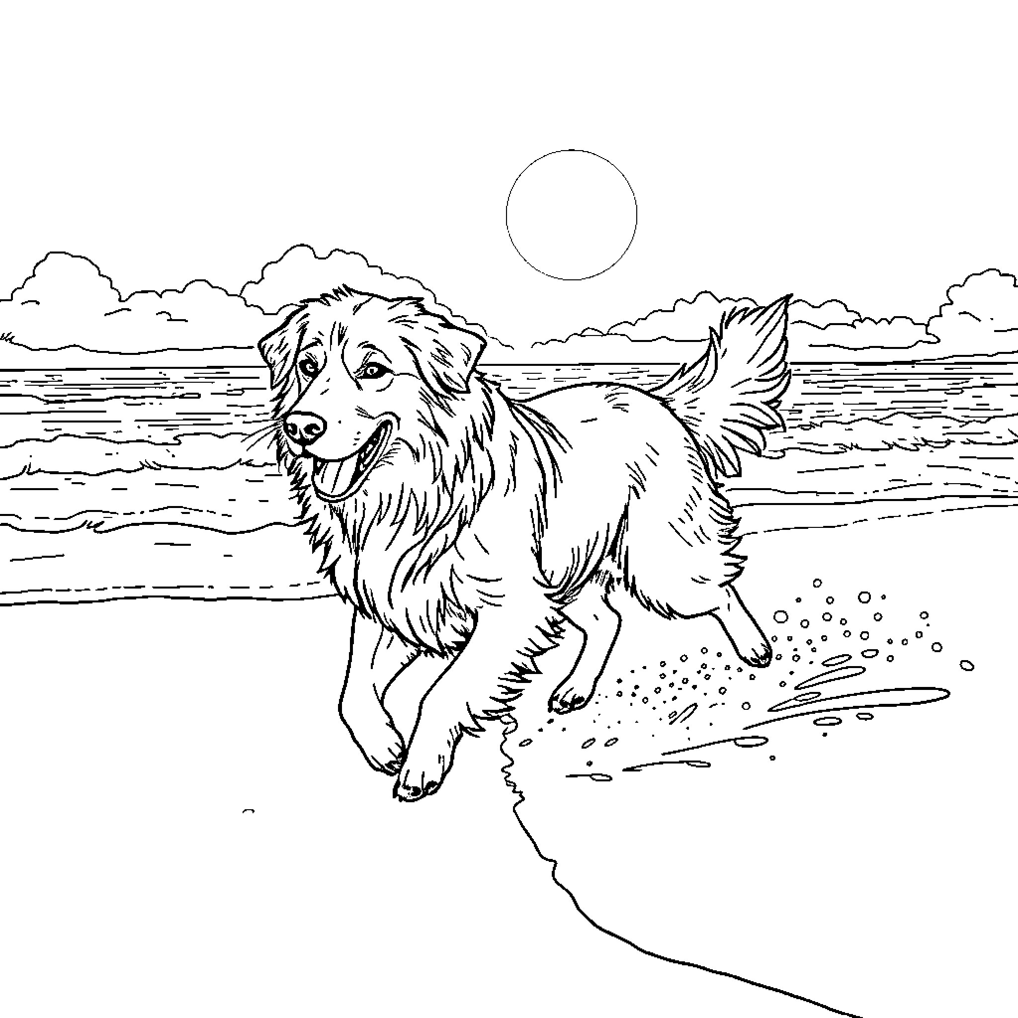 Dog running happily on the beach Coloring Page (free black-and-white line drawing printable PDF for all, from beginners to advanced learners, including children, teens, adults, and seniors)