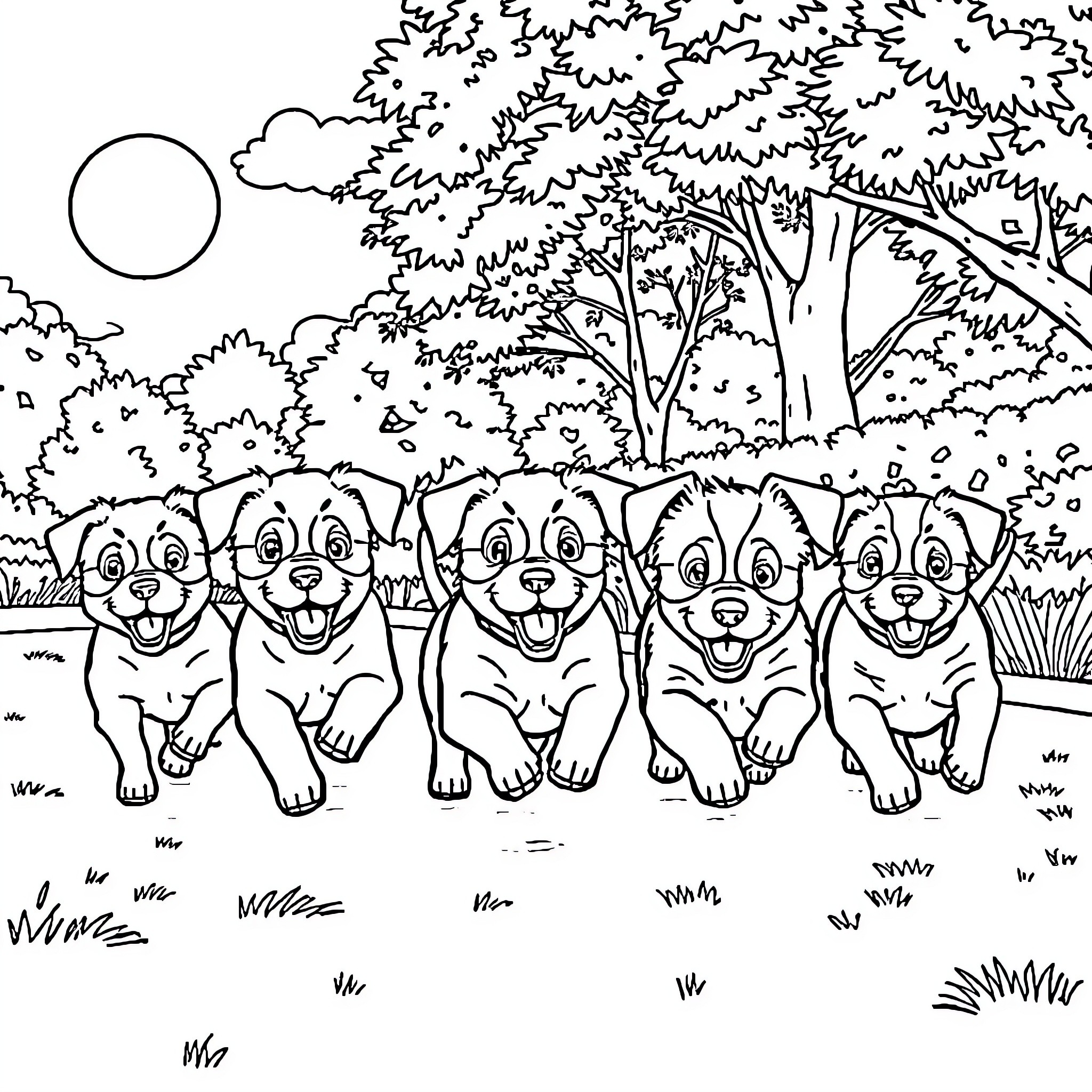 Puppy friends playing in the park Coloring Page (free black-and-white line drawing printable PDF for all, from beginners to advanced learners, including children, teens, adults, and seniors)