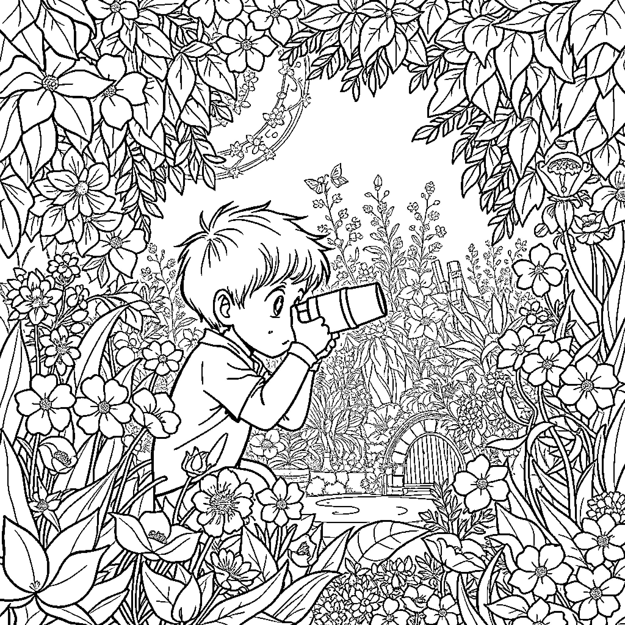 Niño exploring the enchanted flower garden Coloring Page (free black-and-white line drawing printable PDF for all, from beginners to advanced learners, including children, teens, adults, and seniors)
