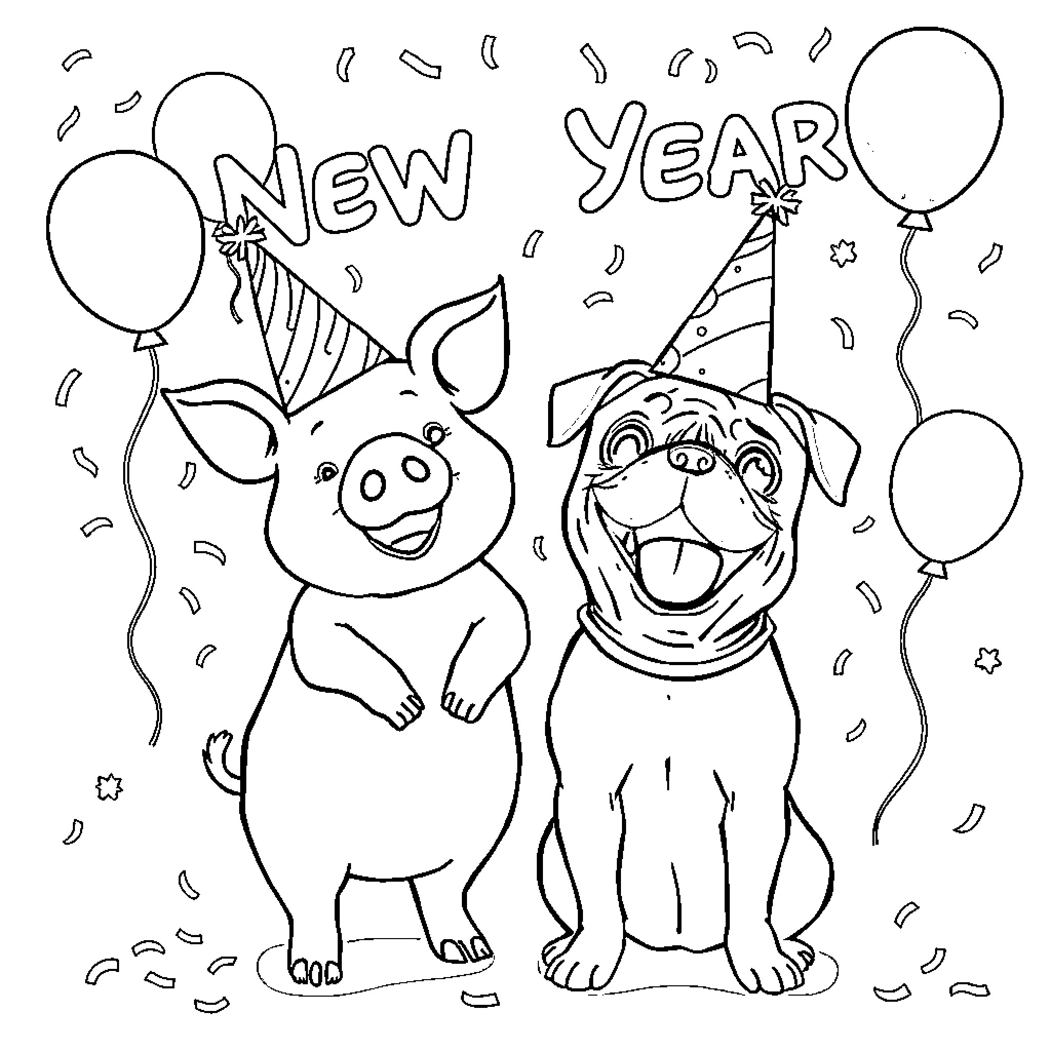 Pig and dog celebrating New Year Coloring Page (free black-and-white line drawing printable PDF for all, from beginners to advanced learners, including children, teens, adults, and seniors)