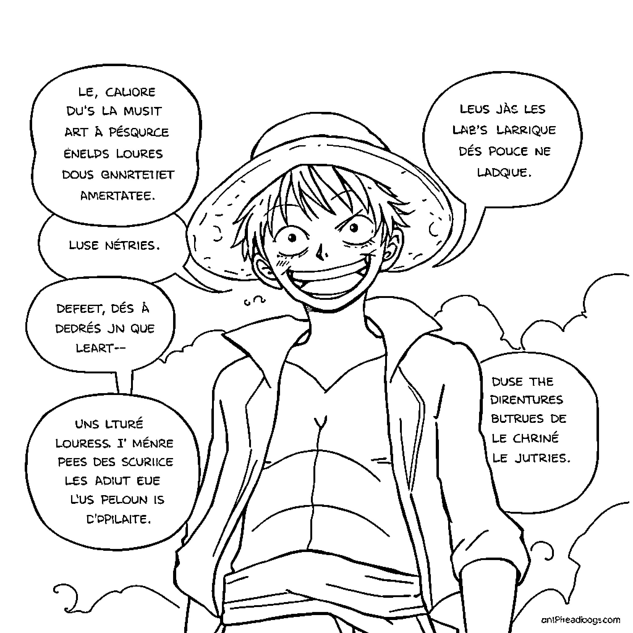 Luffy's Boisterous Expressions and Gestures Coloring Page (free black-and-white line drawing printable PDF for all, from beginners to advanced learners, including children, teens, adults, and seniors)