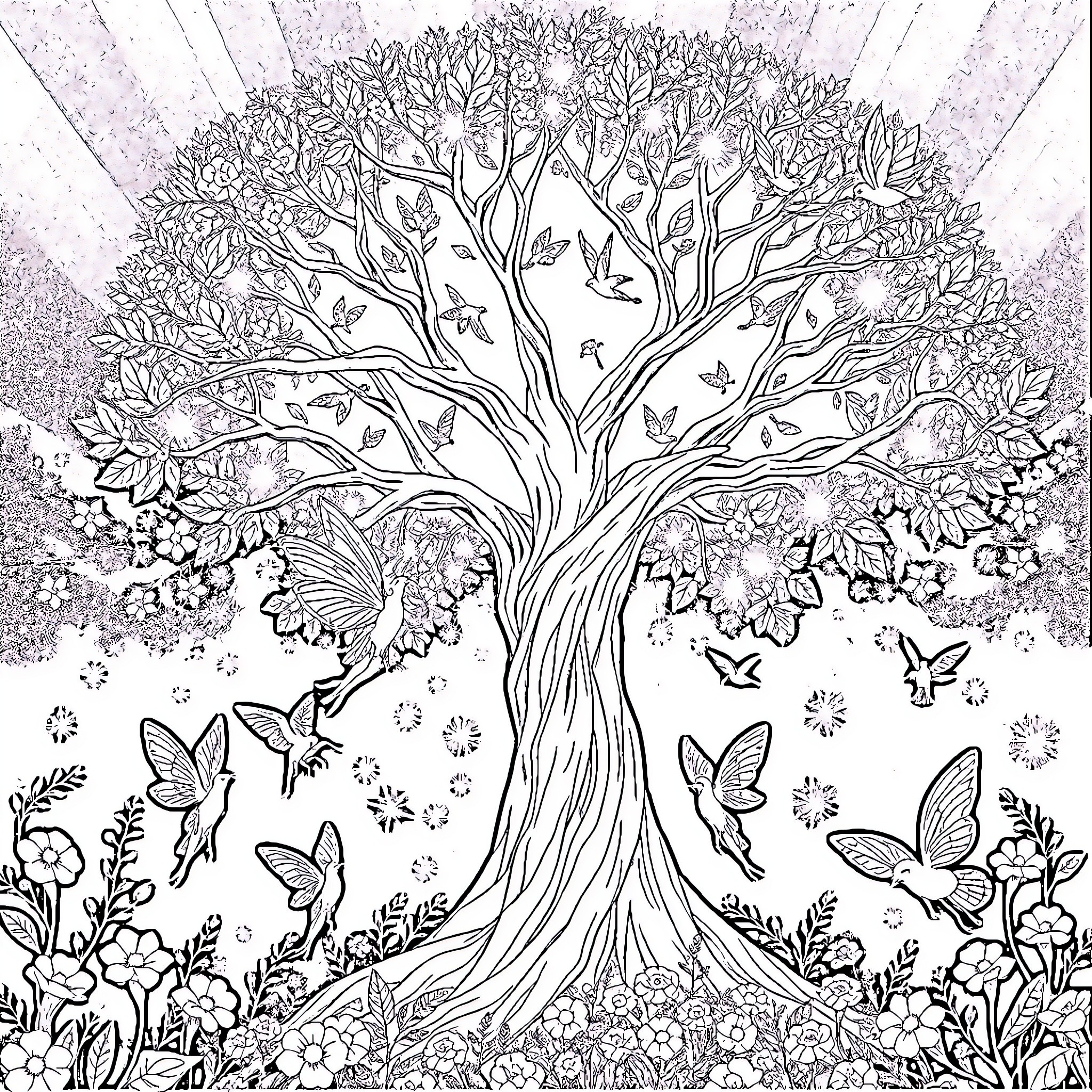 Tree with Blooming Flowers and Fluttering Butterflies Coloring Page (free black-and-white line drawing printable PDF for all, from beginners to advanced learners, including children, teens, adults, and seniors)