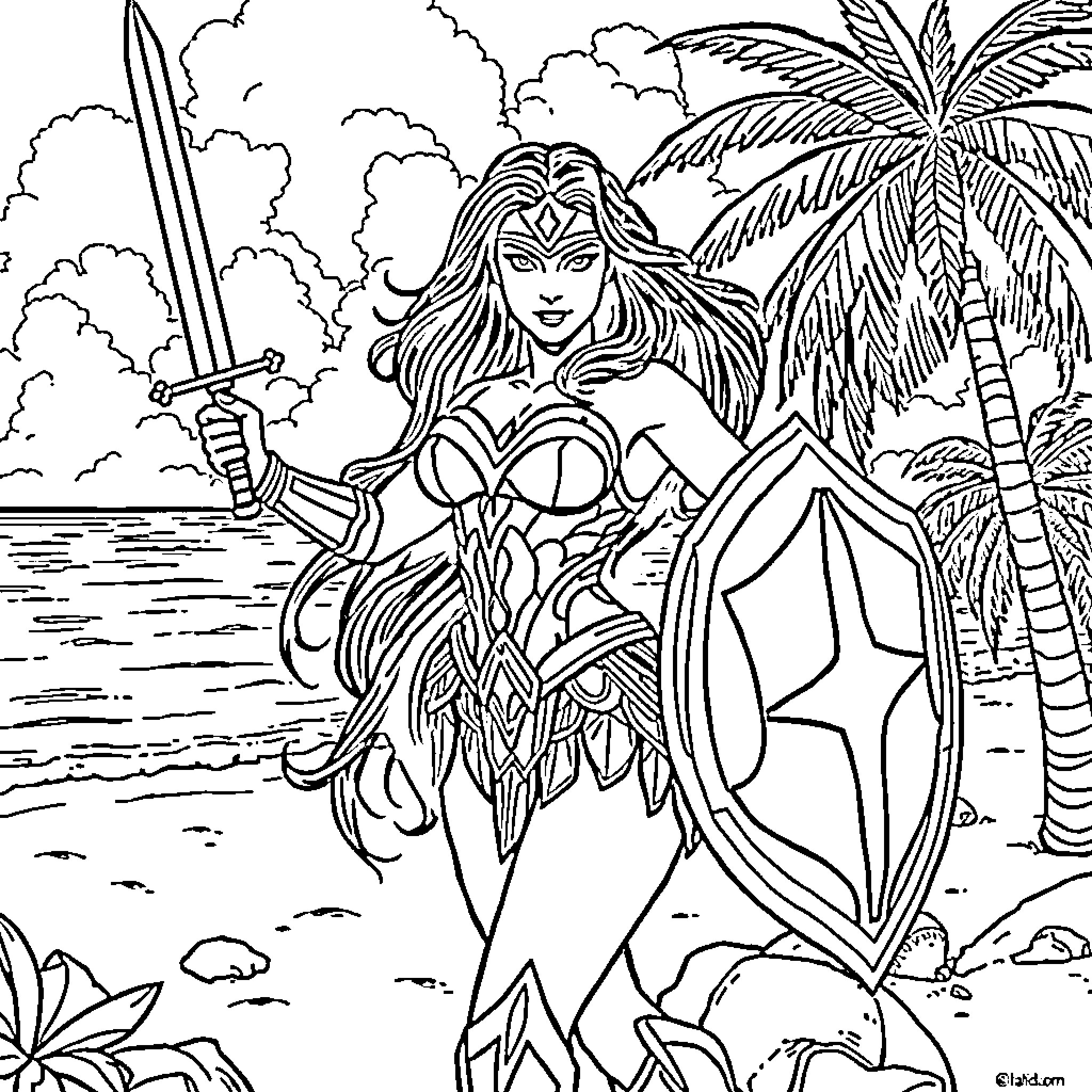 Wonder Woman battles on a tropical island Coloring Page (free black-and-white line drawing printable PDF for all, from beginners to advanced learners, including children, teens, adults, and seniors)