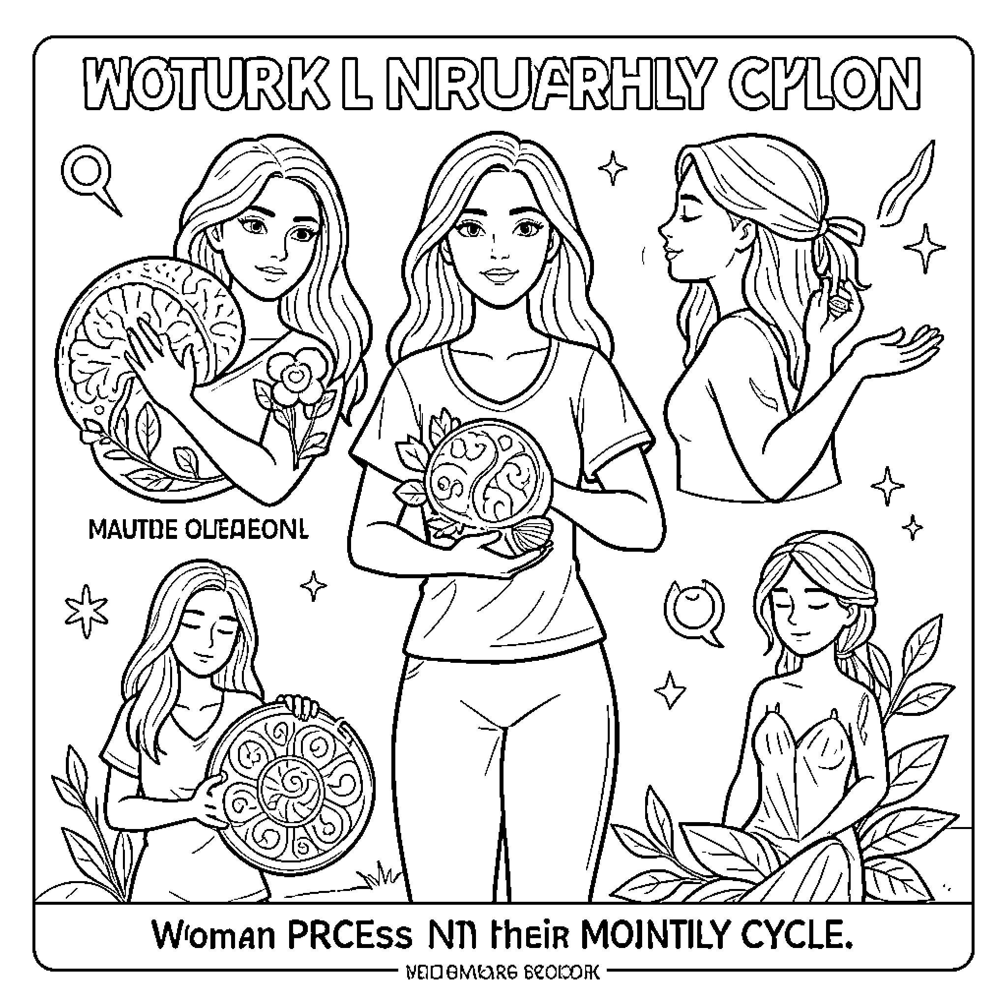 Menstruation awareness through women holding circular diagrams Coloring Page (free black-and-white line drawing printable PDF for all, from beginners to advanced learners, including children, teens, adults, and seniors)