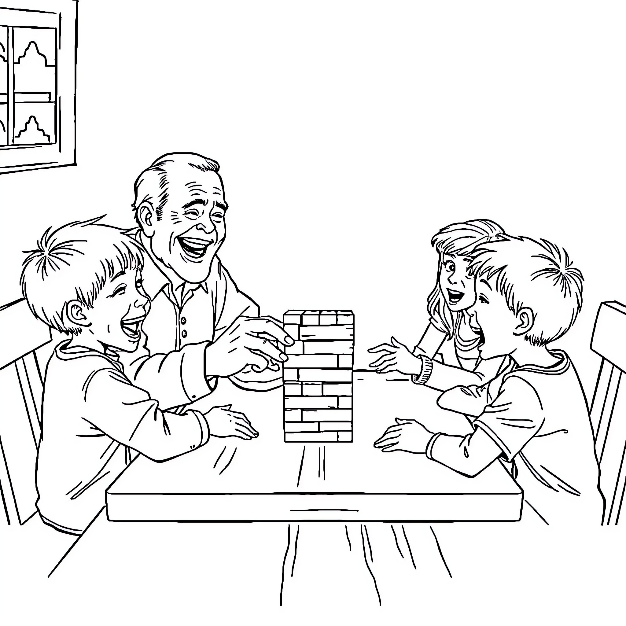 Jenga game with family members Coloring Page (free black-and-white line drawing printable PDF for all, from beginners to advanced learners, including children, teens, adults, and seniors)