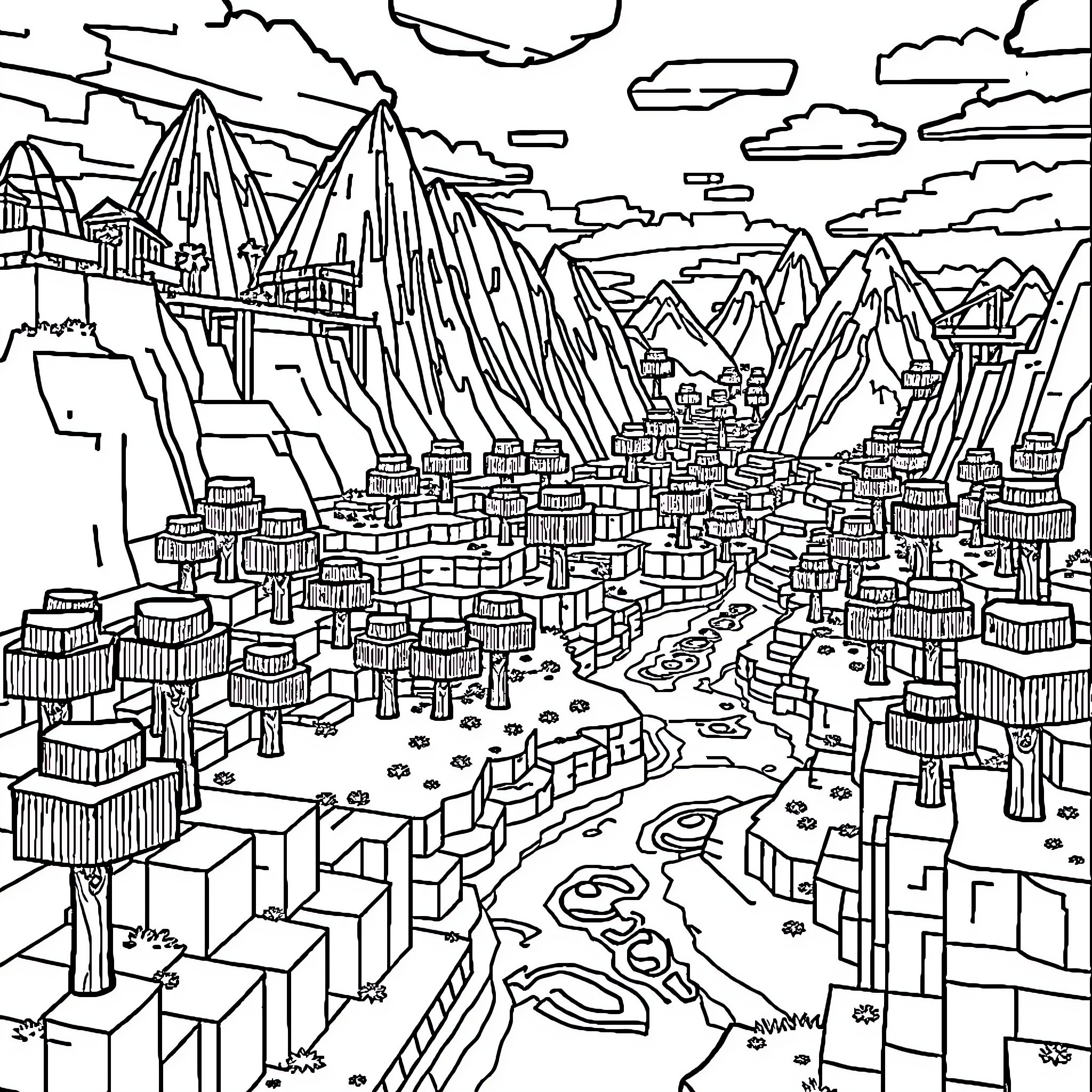 Minecraft Cityscape with Mountainous Landscape Coloring Page (free black-and-white line drawing printable PDF for all, from beginners to advanced learners, including children, teens, adults, and seniors)