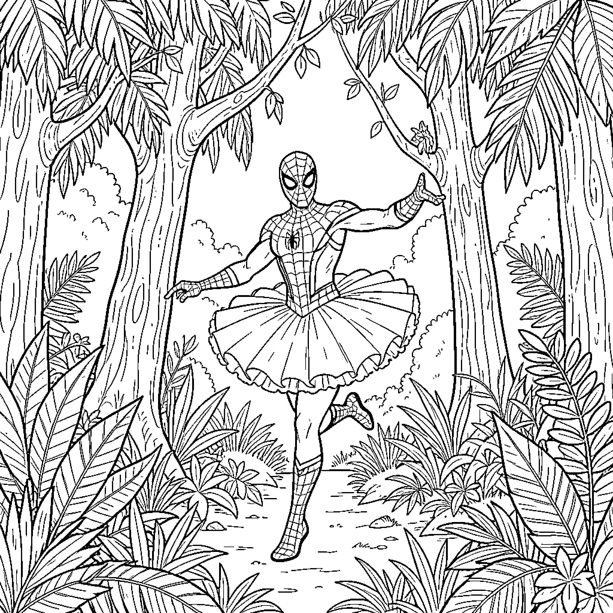 Spider hero dancing in a tutu through the jungle Coloring Page (free black-and-white line drawing printable PDF for all, from beginners to advanced learners, including children, teens, adults, and seniors)