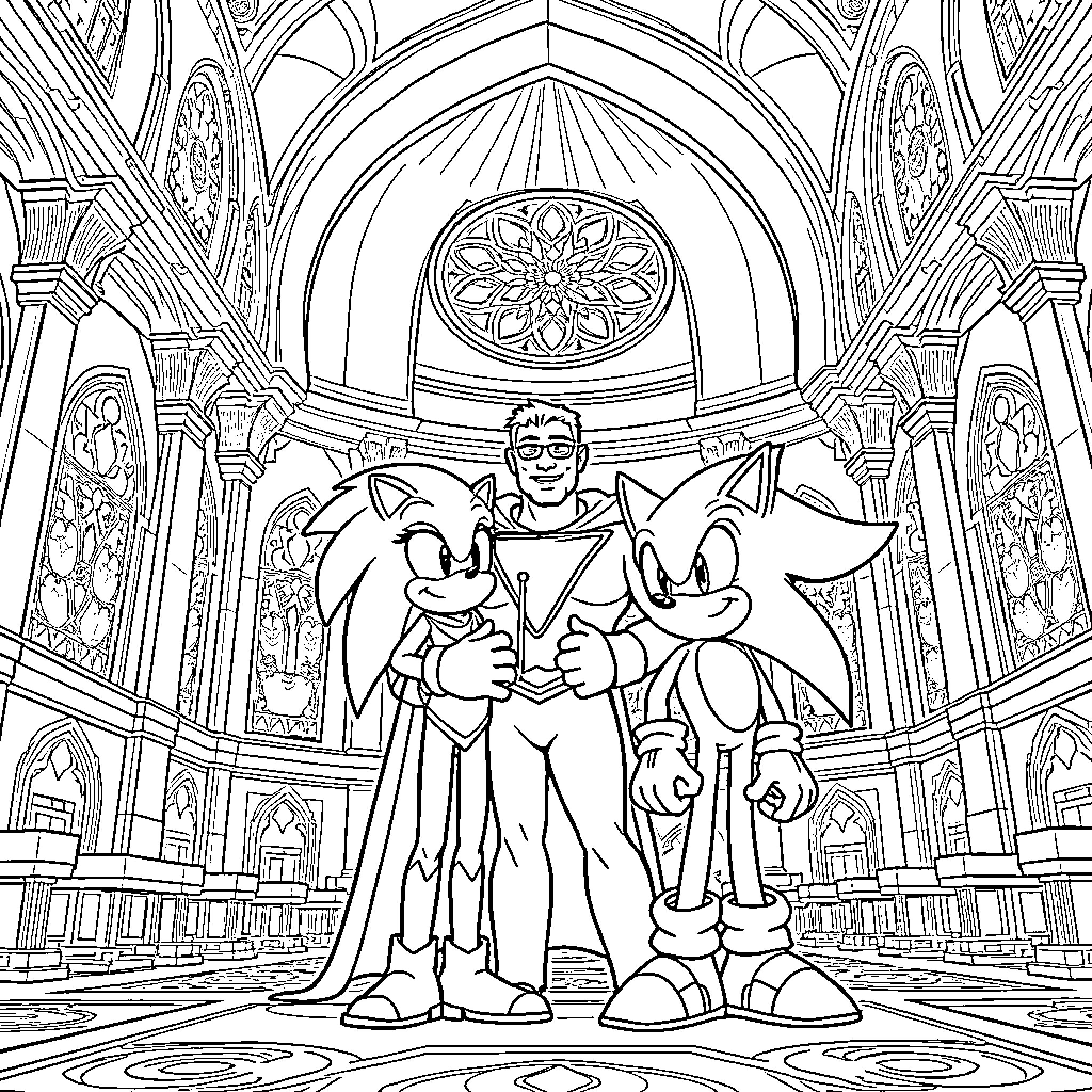 Shazam: Superhero and sidekick in grand cathedral Coloring Page (free black-and-white line drawing printable PDF for all, from beginners to advanced learners, including children, teens, adults, and seniors)