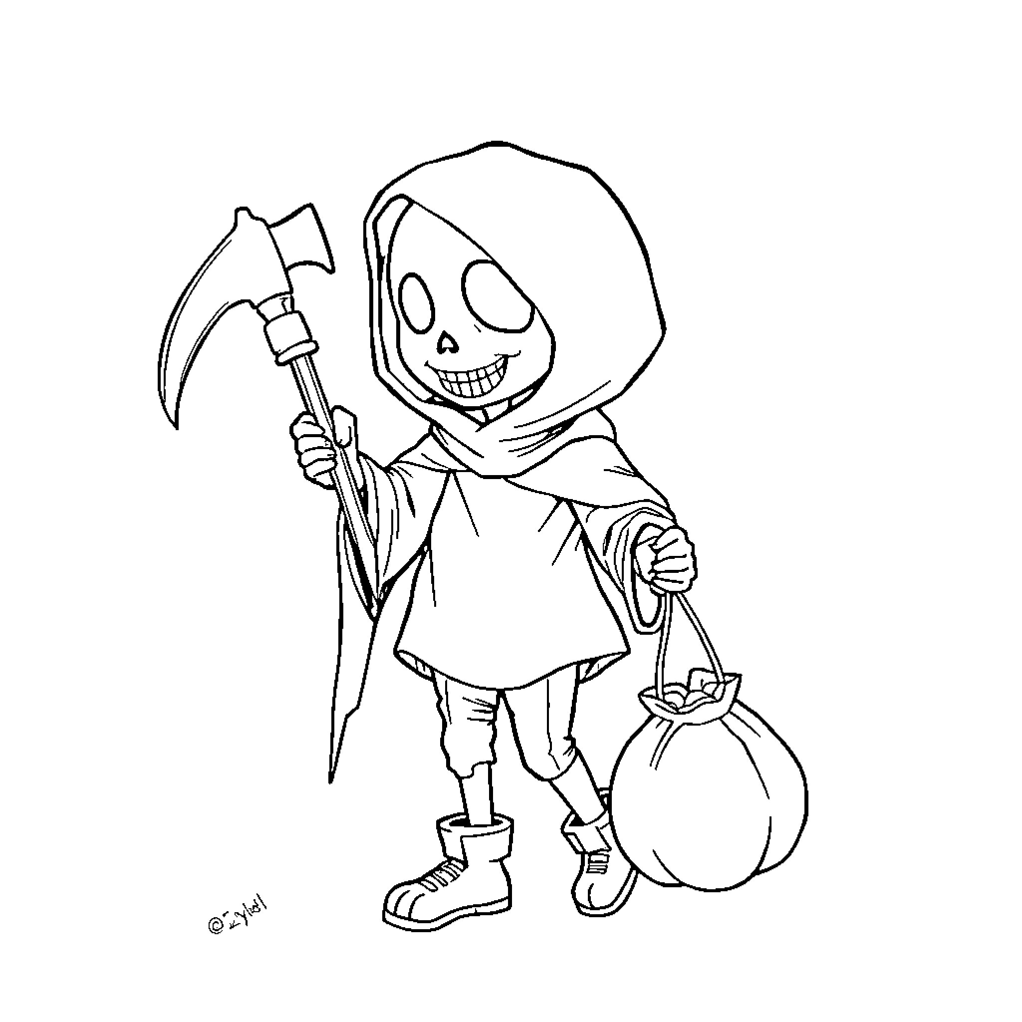 Grim Reaper with scythe and sack Coloring Page (free black-and-white line drawing printable PDF for all, from beginners to advanced learners, including children, teens, adults, and seniors)