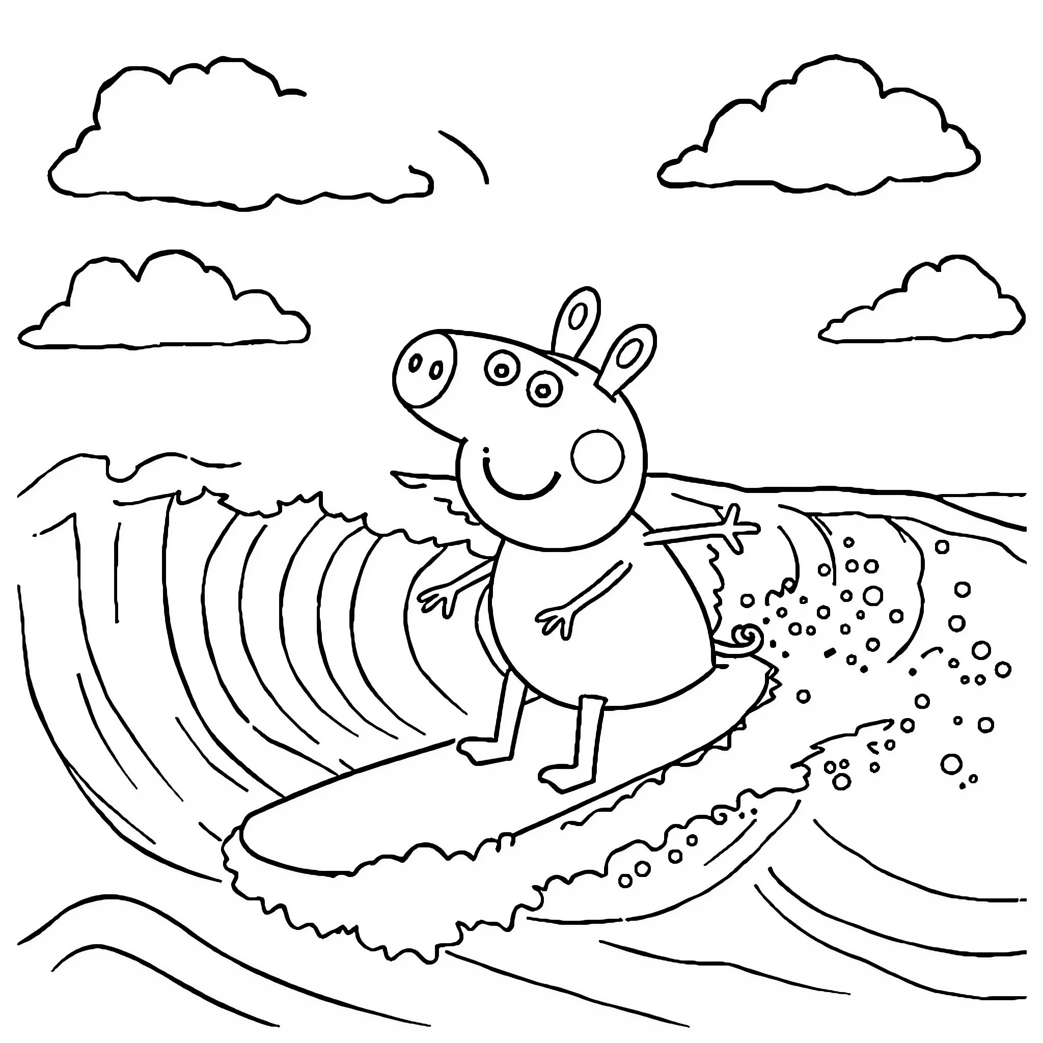 Peppa Pig surfing in the ocean waves Coloring Page (free black-and-white line drawing printable PDF for all, from beginners to advanced learners, including children, teens, adults, and seniors)