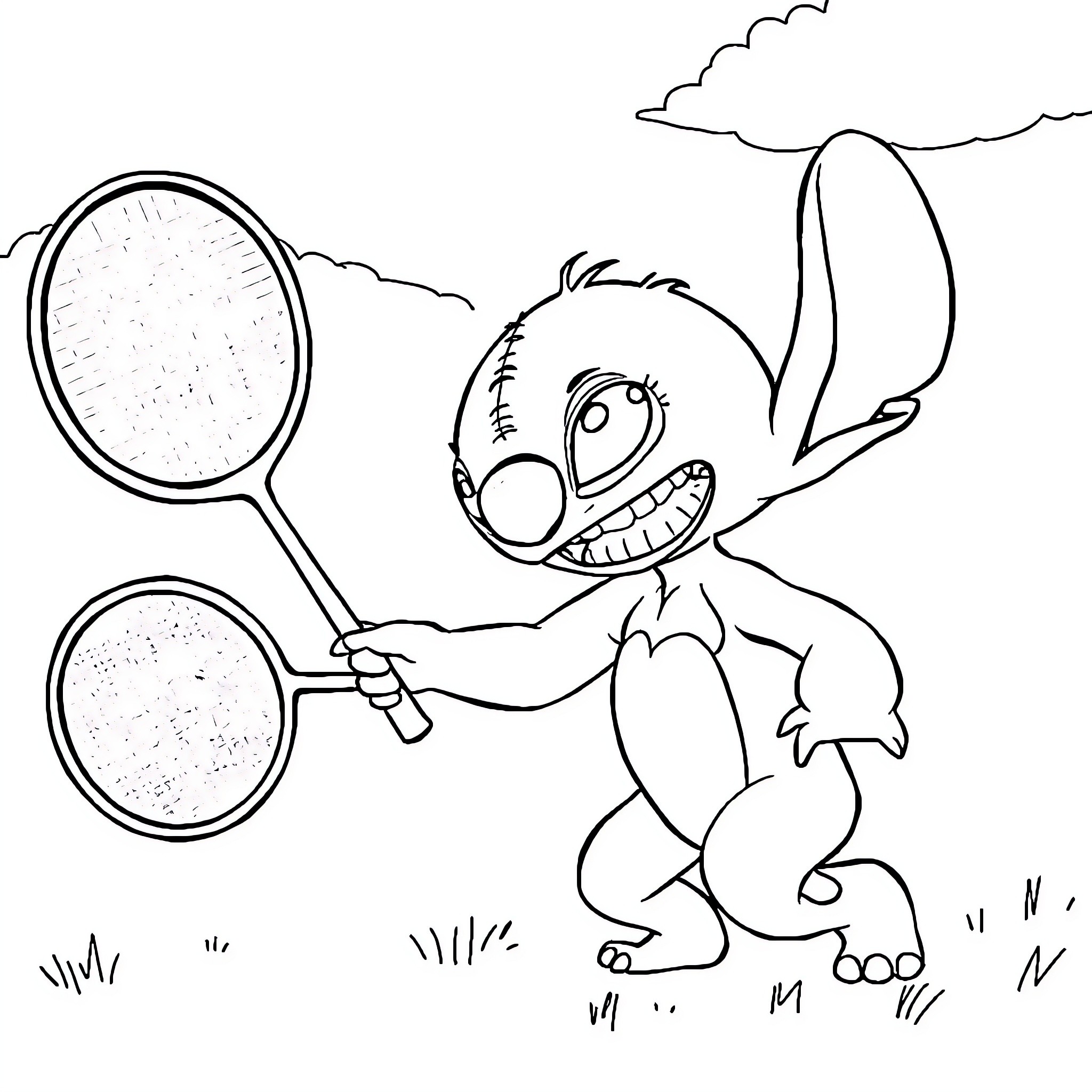 Alien creature holding tennis rackets playfully Coloring Page (free black-and-white line drawing printable PDF for all, from beginners to advanced learners, including children, teens, adults, and seniors)