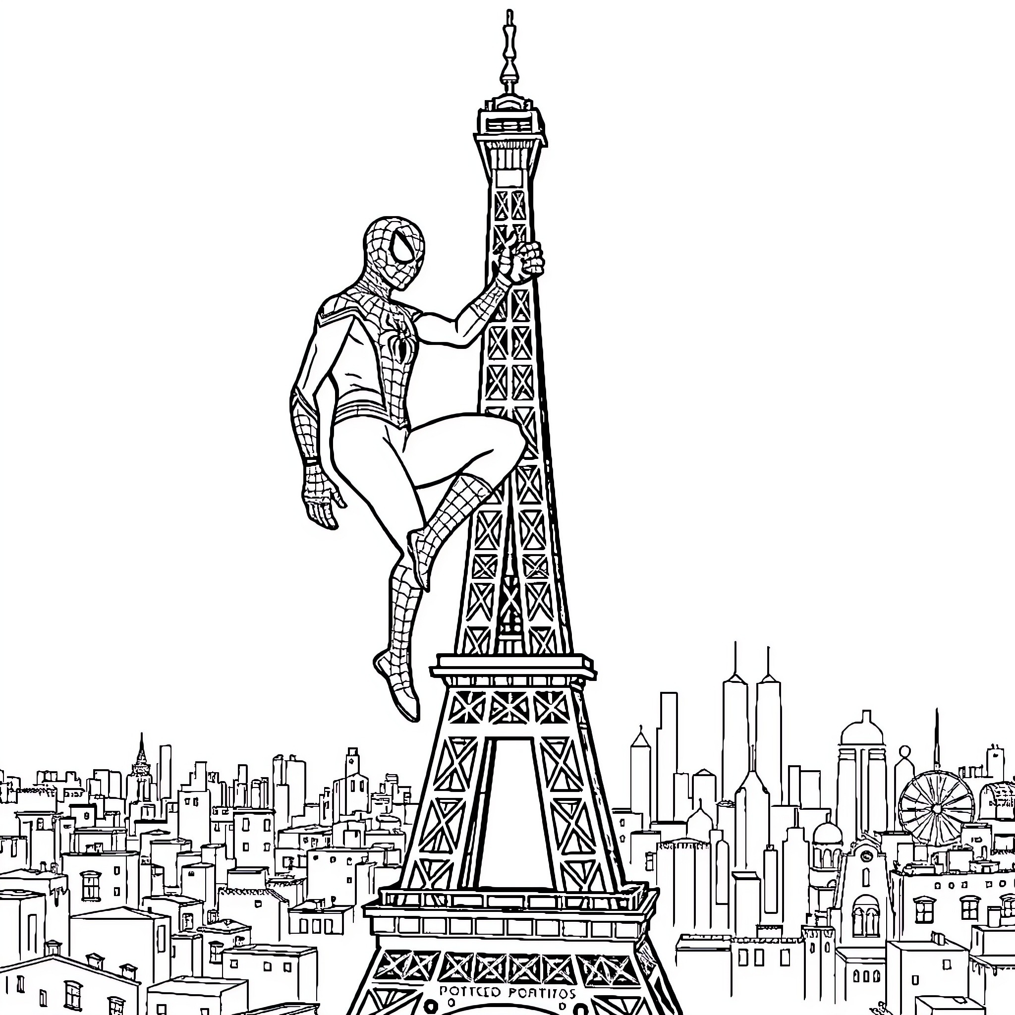 Spiderman swinging through the city skyline Coloring Page (free black-and-white line drawing printable PDF for all, from beginners to advanced learners, including children, teens, adults, and seniors)