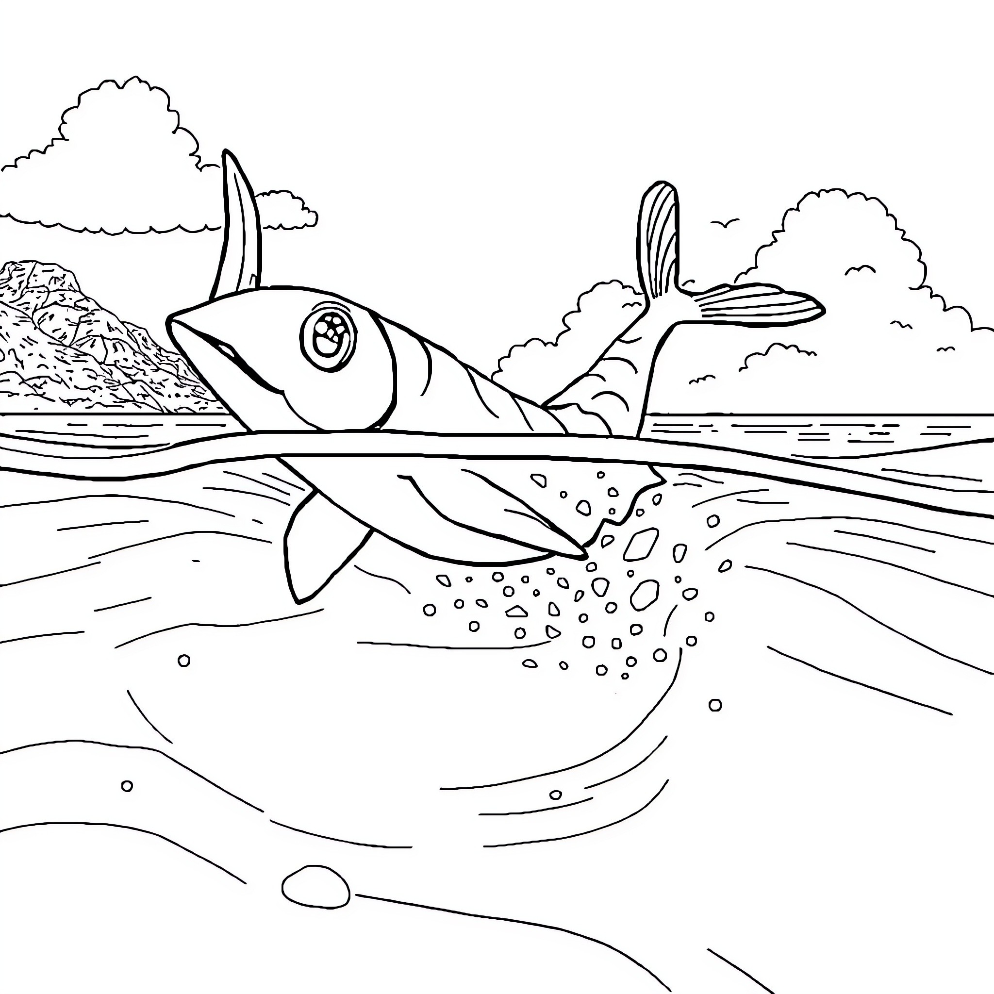 Axolotl swimming happily in the ocean Coloring Page (free black-and-white line drawing printable PDF for all, from beginners to advanced learners, including children, teens, adults, and seniors)