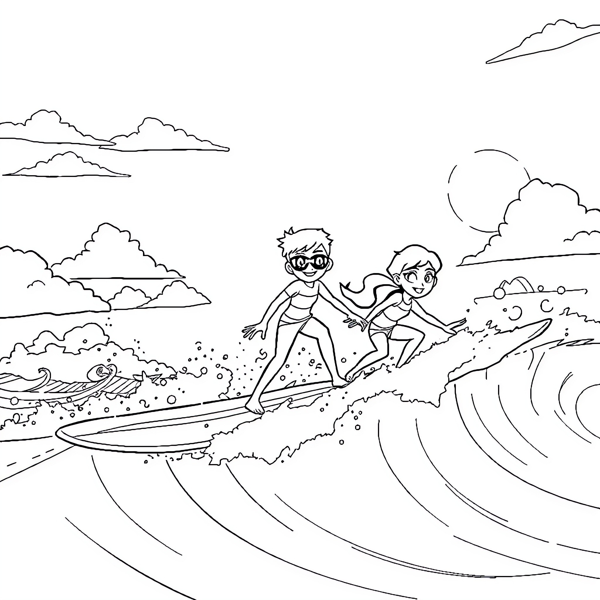 Totally Spies Surfing the Waves Coloring Page (free black-and-white line drawing printable PDF for all, from beginners to advanced learners, including children, teens, adults, and seniors)