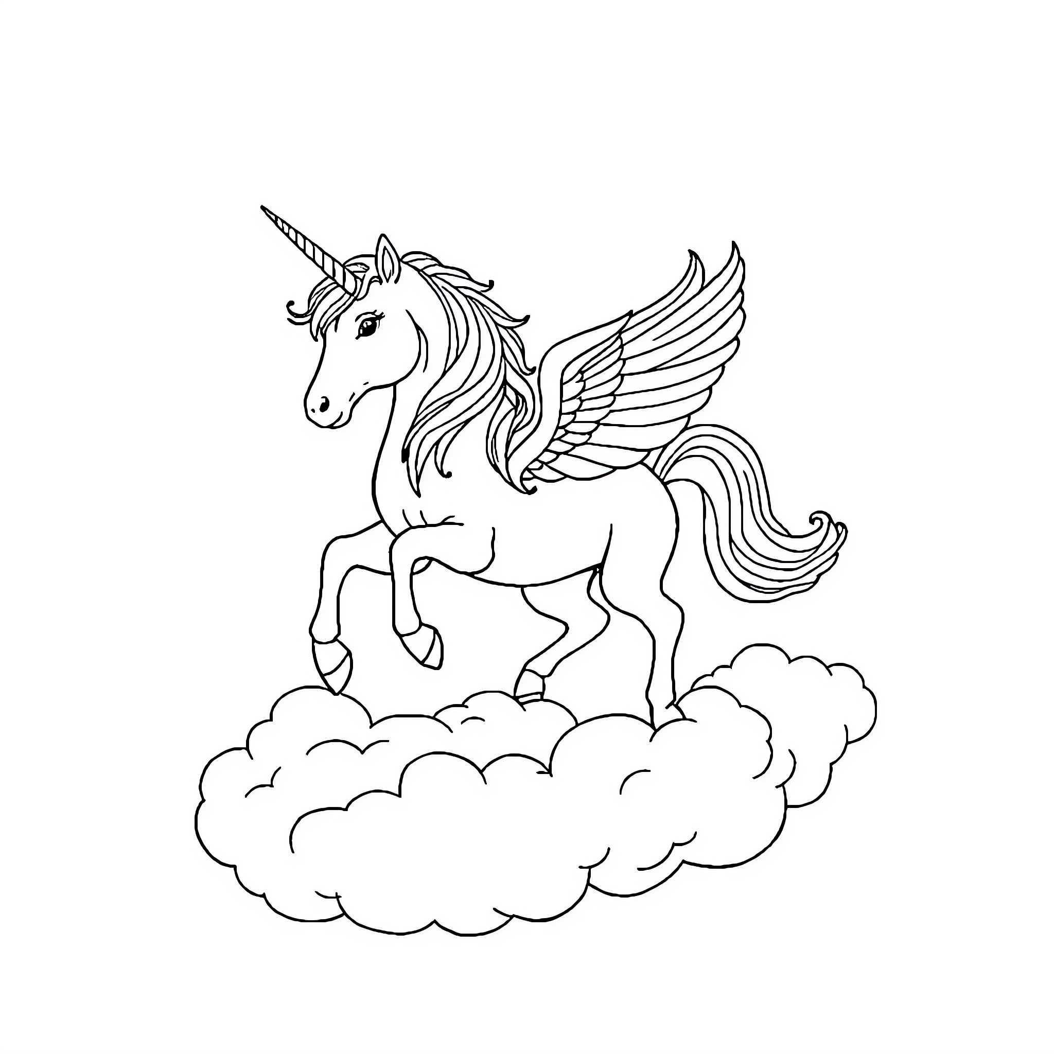 Unicorn Soaring Among the Clouds Coloring Page (free black-and-white line drawing printable PDF for all, from beginners to advanced learners, including children, teens, adults, and seniors)