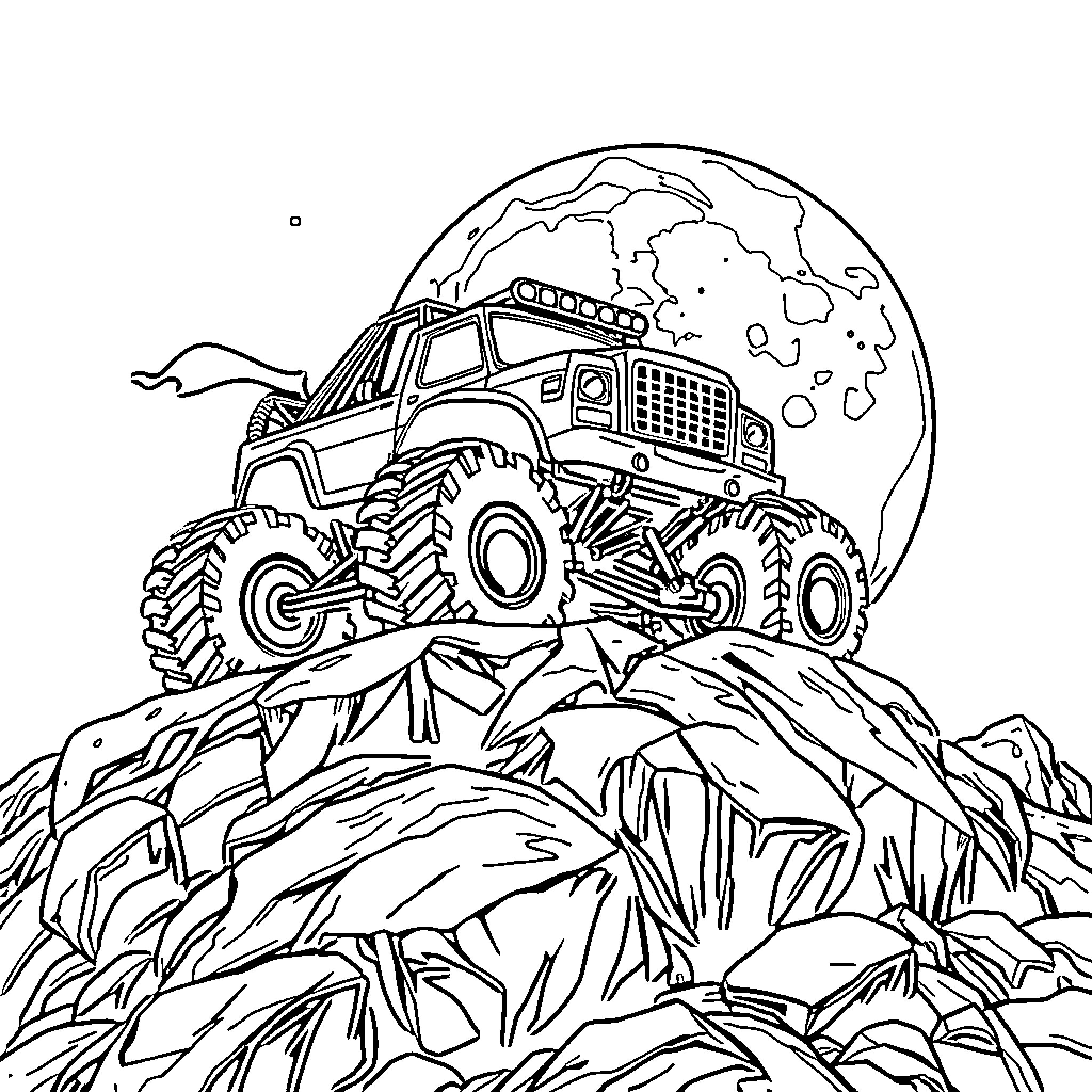 Monster Truck Conquering the Rugged Terrain Coloring Page (free black-and-white line drawing printable PDF for all, from beginners to advanced learners, including children, teens, adults, and seniors)