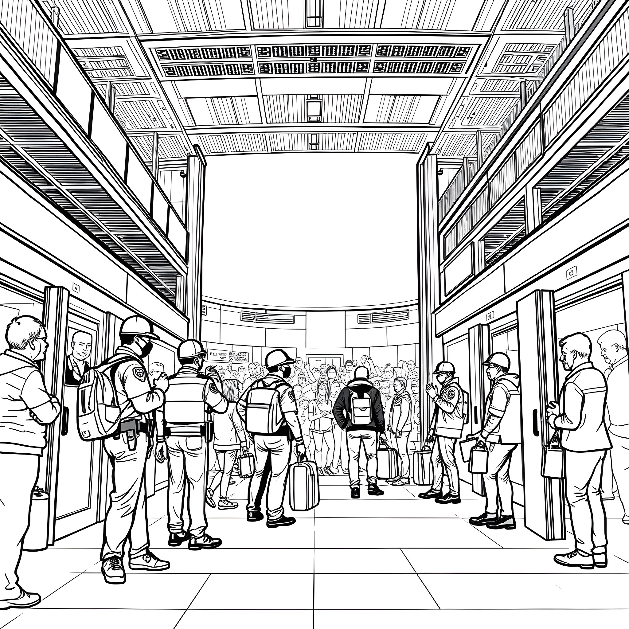 Security Personnel Monitoring Crowd in Terminal Coloring Page (free black-and-white line drawing printable PDF for all, from beginners to advanced learners, including children, teens, adults, and seniors)