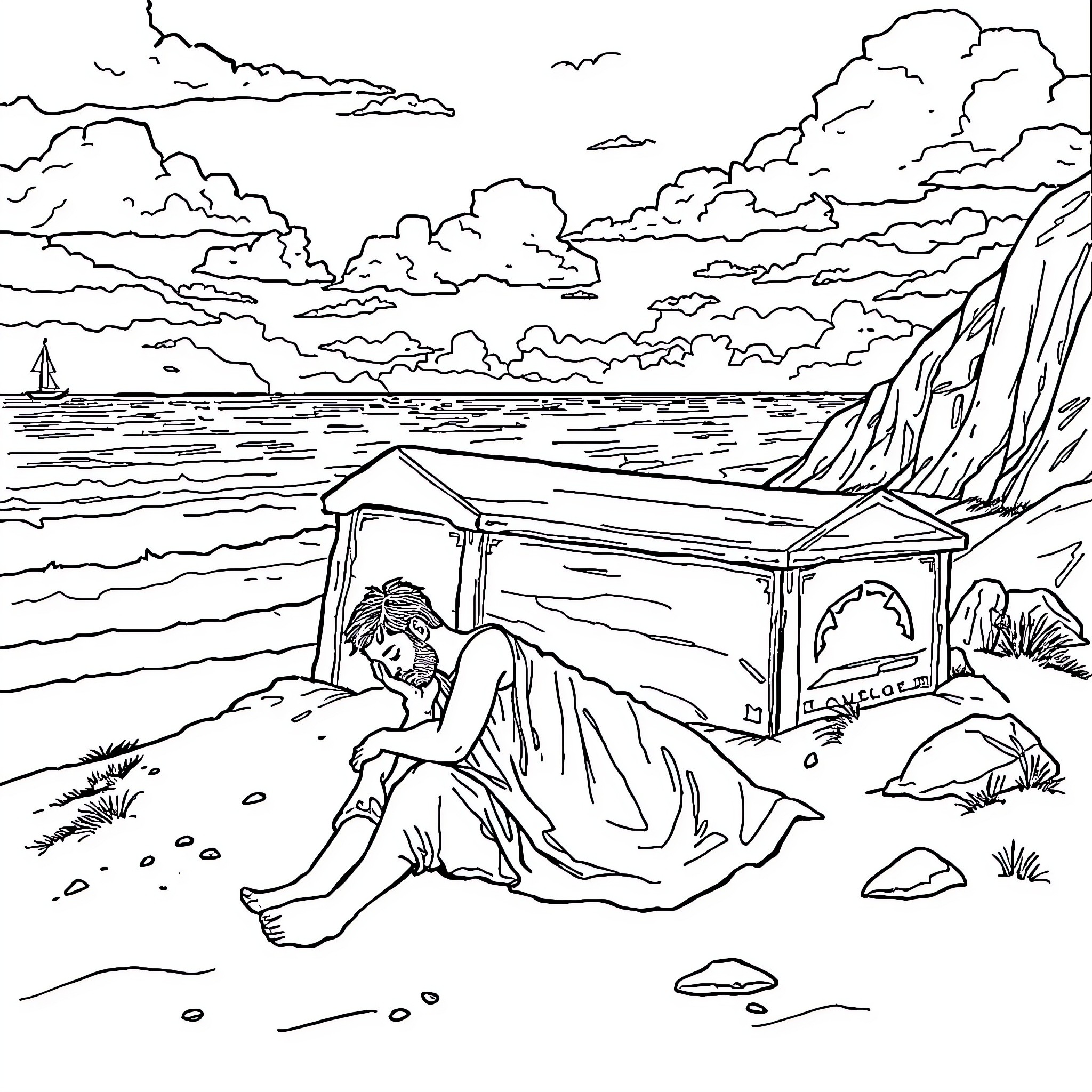 Man resting in makeshift shelter by the seaside Coloring Page (free black-and-white line drawing printable PDF for all, from beginners to advanced learners, including children, teens, adults, and seniors)