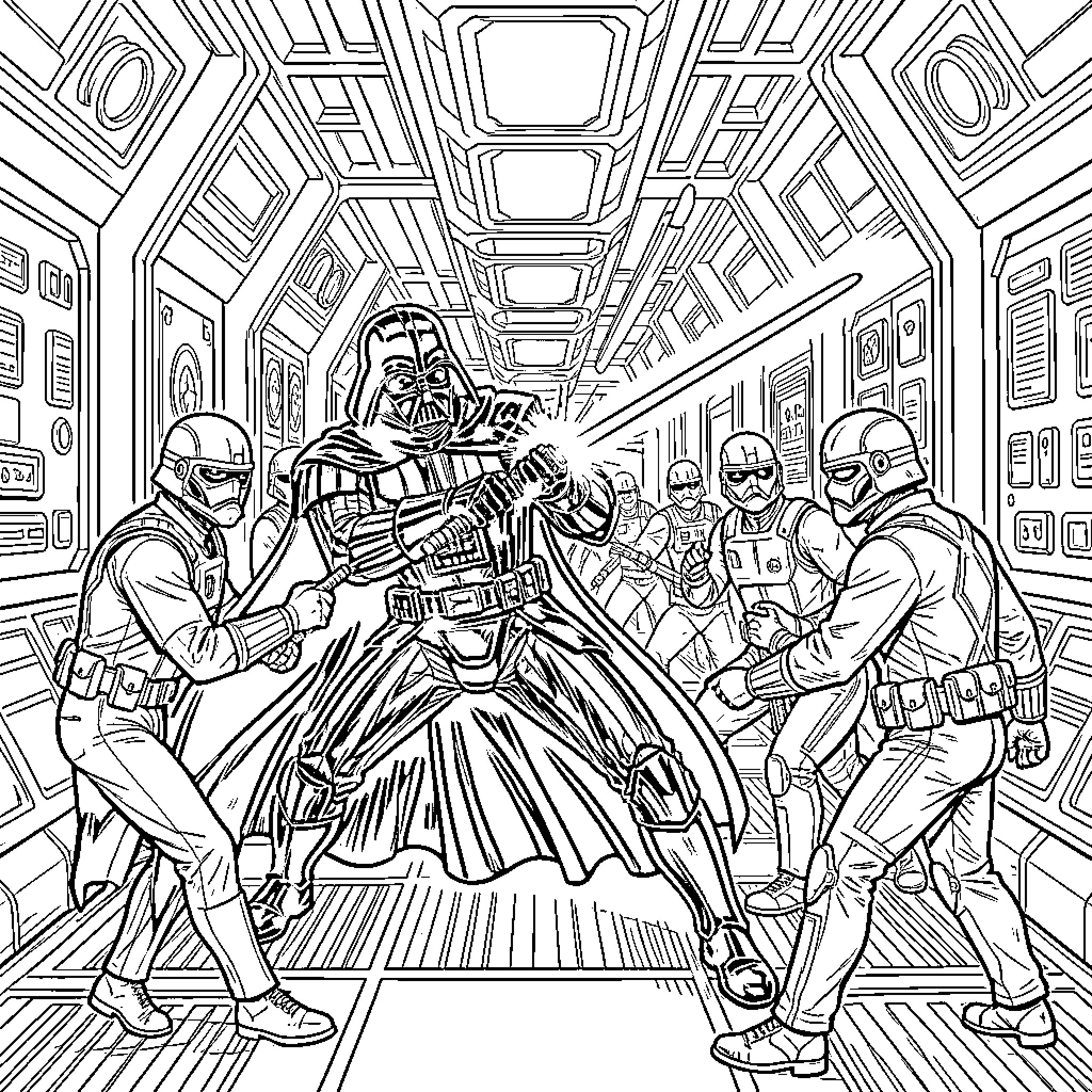 Darth Vader wielding a lightsaber against stormtroopers Coloring Page (free black-and-white line drawing printable PDF for all, from beginners to advanced learners, including children, teens, adults, and seniors)