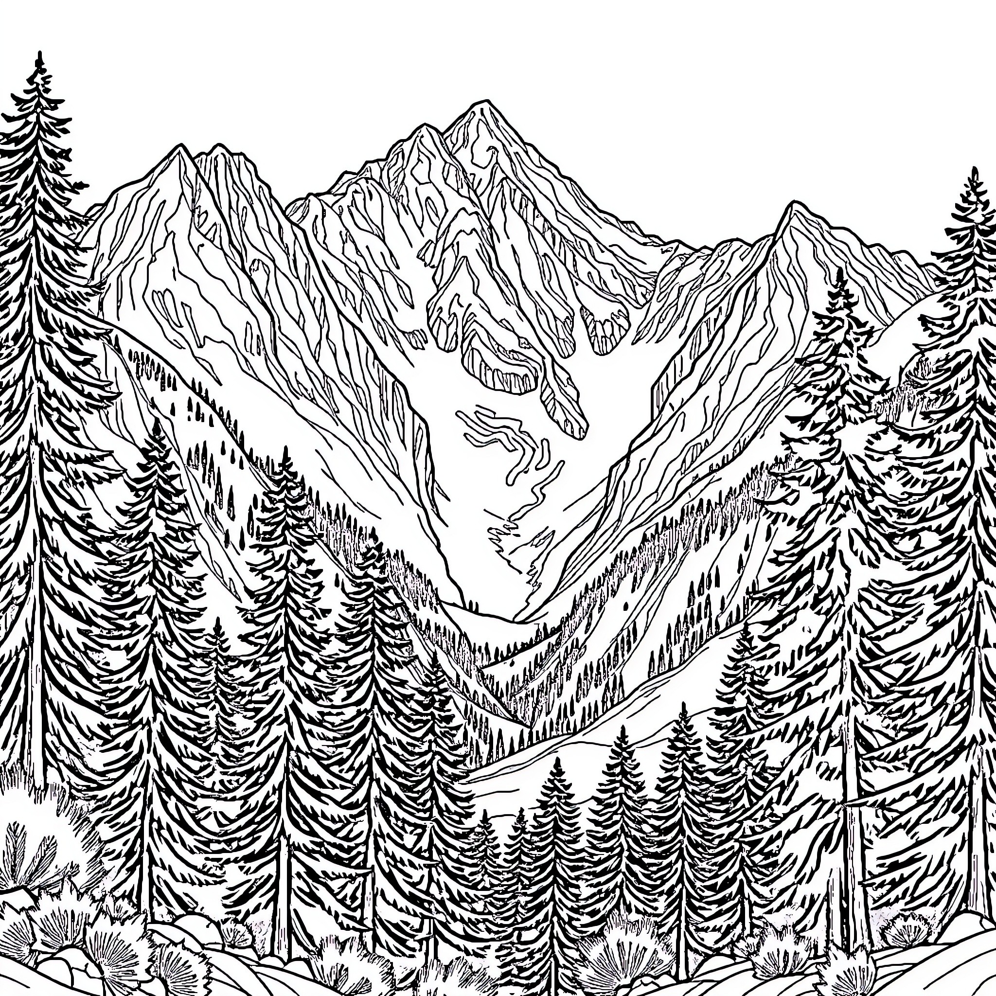 Mountain landscape with snowy peaks and pine forests Coloring Page (free black-and-white line drawing printable PDF for all, from beginners to advanced learners, including children, teens, adults, and seniors)