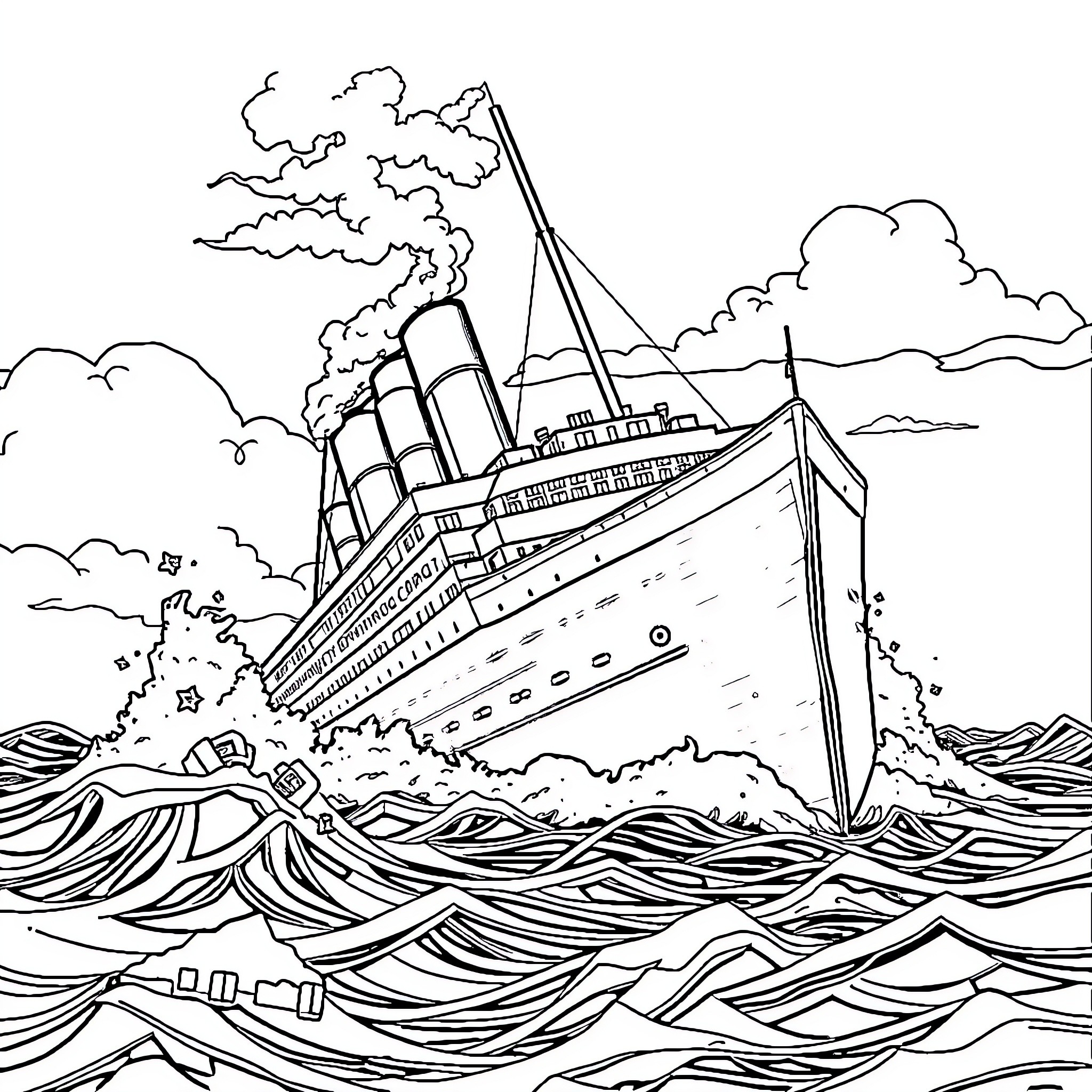Titanic ship sinking in a stormy ocean Coloring Page (free black-and-white line drawing printable PDF for all, from beginners to advanced learners, including children, teens, adults, and seniors)