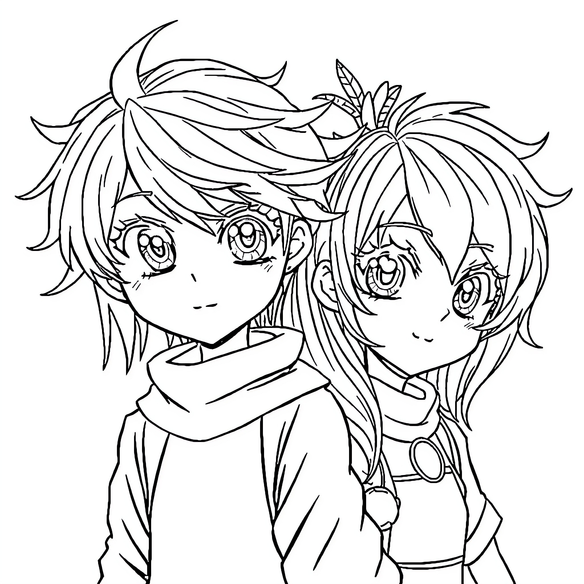 Anime characters with expressive faces and stylized outfits Coloring Page (free black-and-white line drawing printable PDF for all, from beginners to advanced learners, including children, teens, adults, and seniors)
