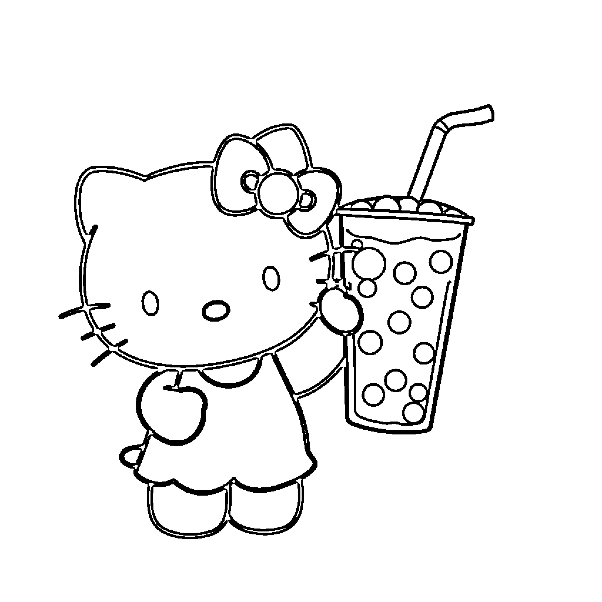 Hello Kitty enjoys a refreshing beverage Coloring Page (free black-and-white line drawing printable PDF for all, from beginners to advanced learners, including children, teens, adults, and seniors)