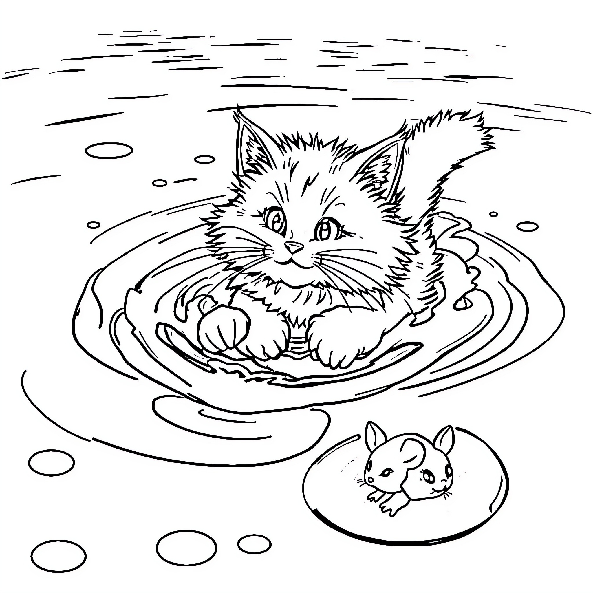 Cat splashing in water with mouse Coloring Page (free black-and-white line drawing printable PDF for all, from beginners to advanced learners, including children, teens, adults, and seniors)
