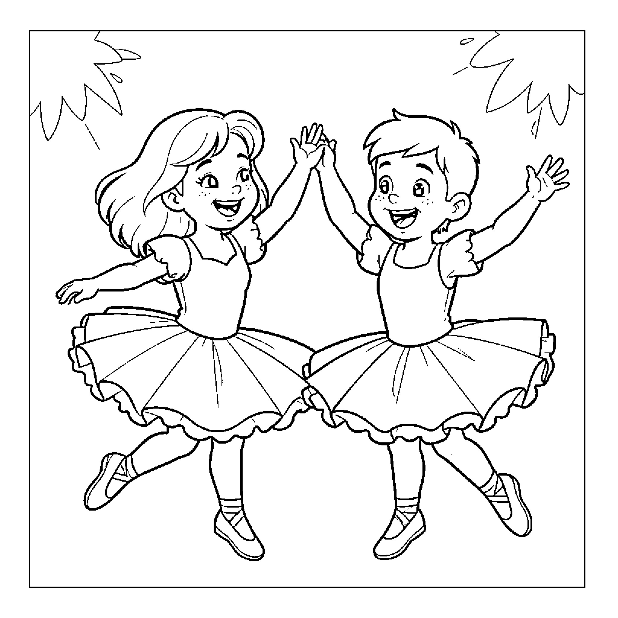 Olive ballet dancers celebrating with high fives Coloring Page (free black-and-white line drawing printable PDF for all, from beginners to advanced learners, including children, teens, adults, and seniors)
