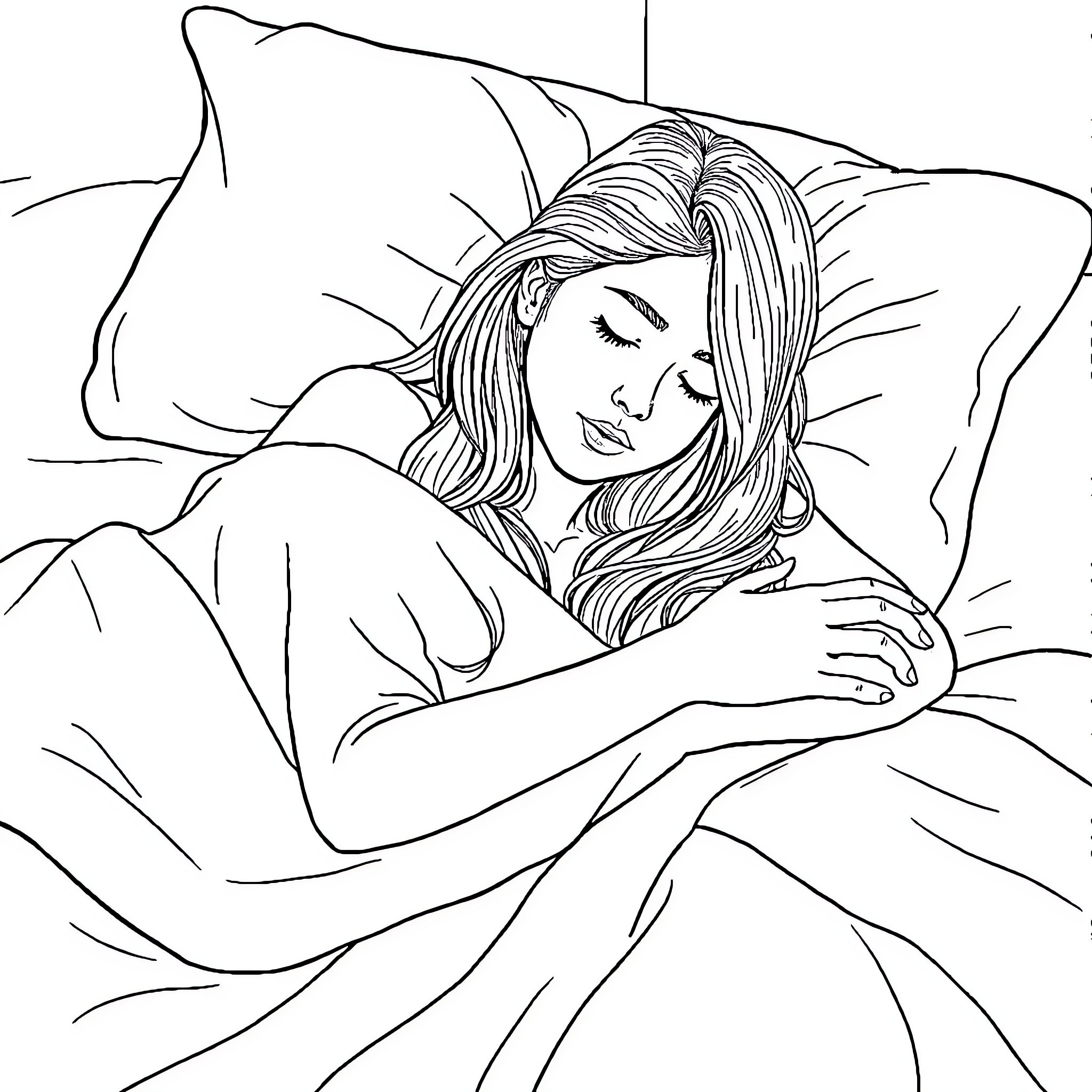 Teen resting peacefully on bed Coloring Page (free black-and-white line drawing printable PDF for all, from beginners to advanced learners, including children, teens, adults, and seniors)