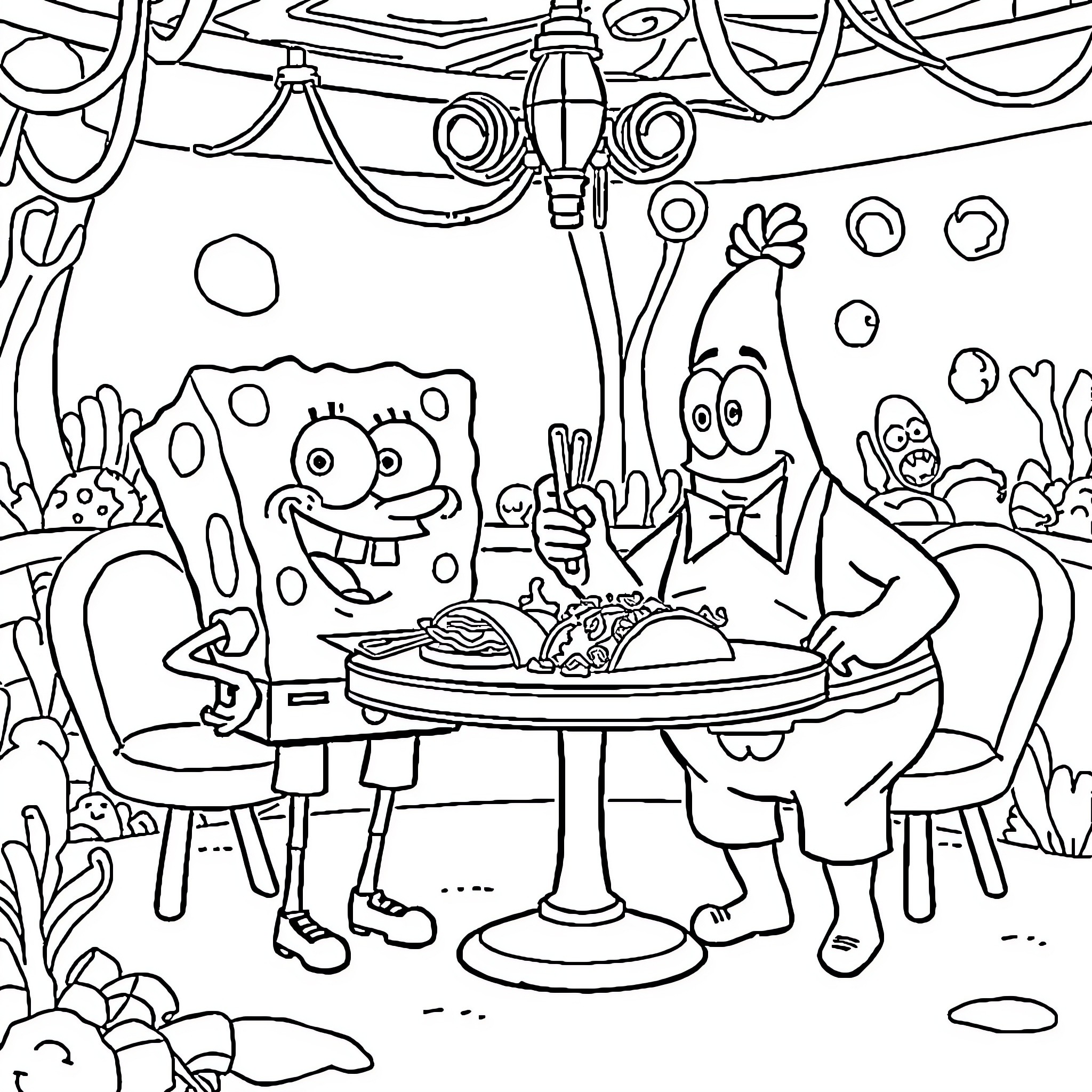 Spongebob and friends enjoying a meal together Coloring Page (free black-and-white line drawing printable PDF for all, from beginners to advanced learners, including children, teens, adults, and seniors)