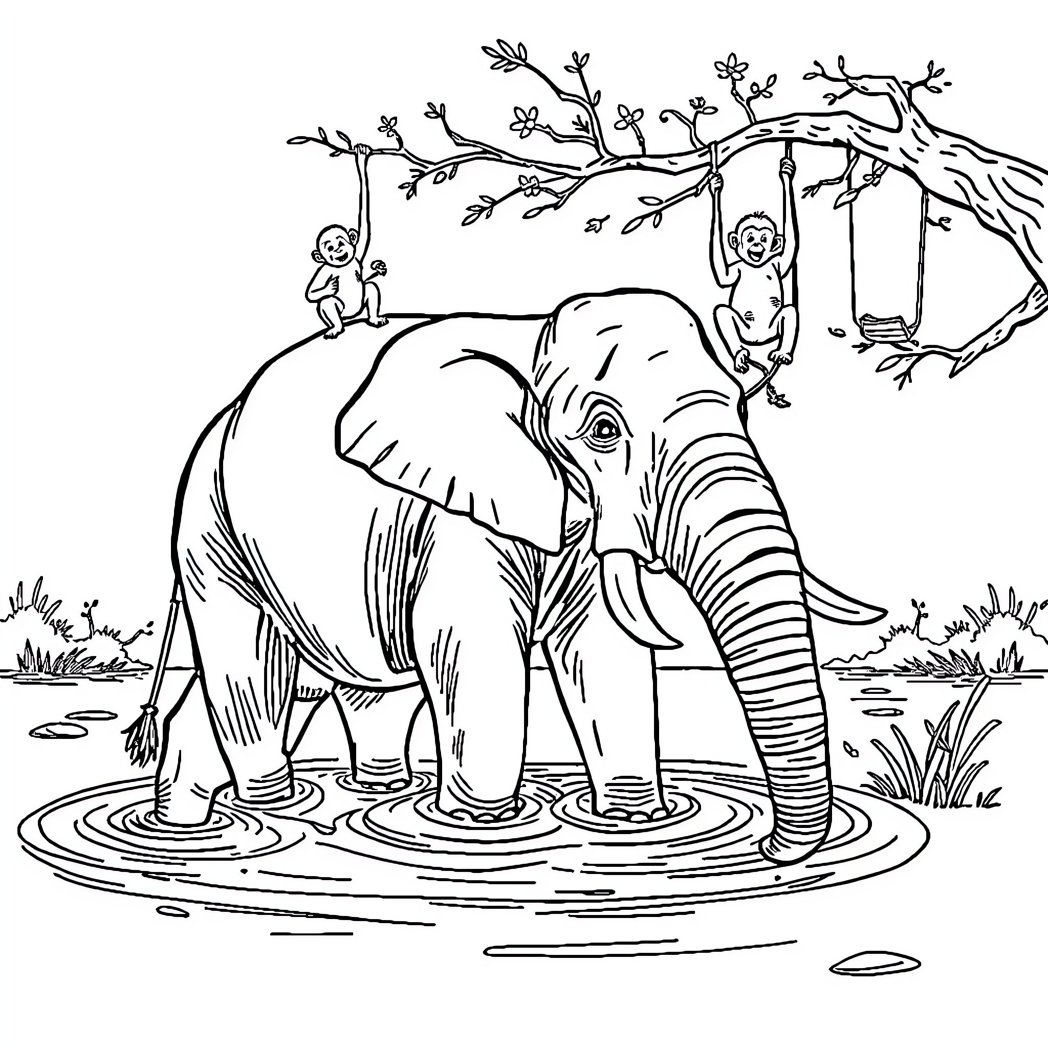 Elephant drinking water in a nature scene Coloring Page (free black-and-white line drawing printable PDF for all, from beginners to advanced learners, including children, teens, adults, and seniors)