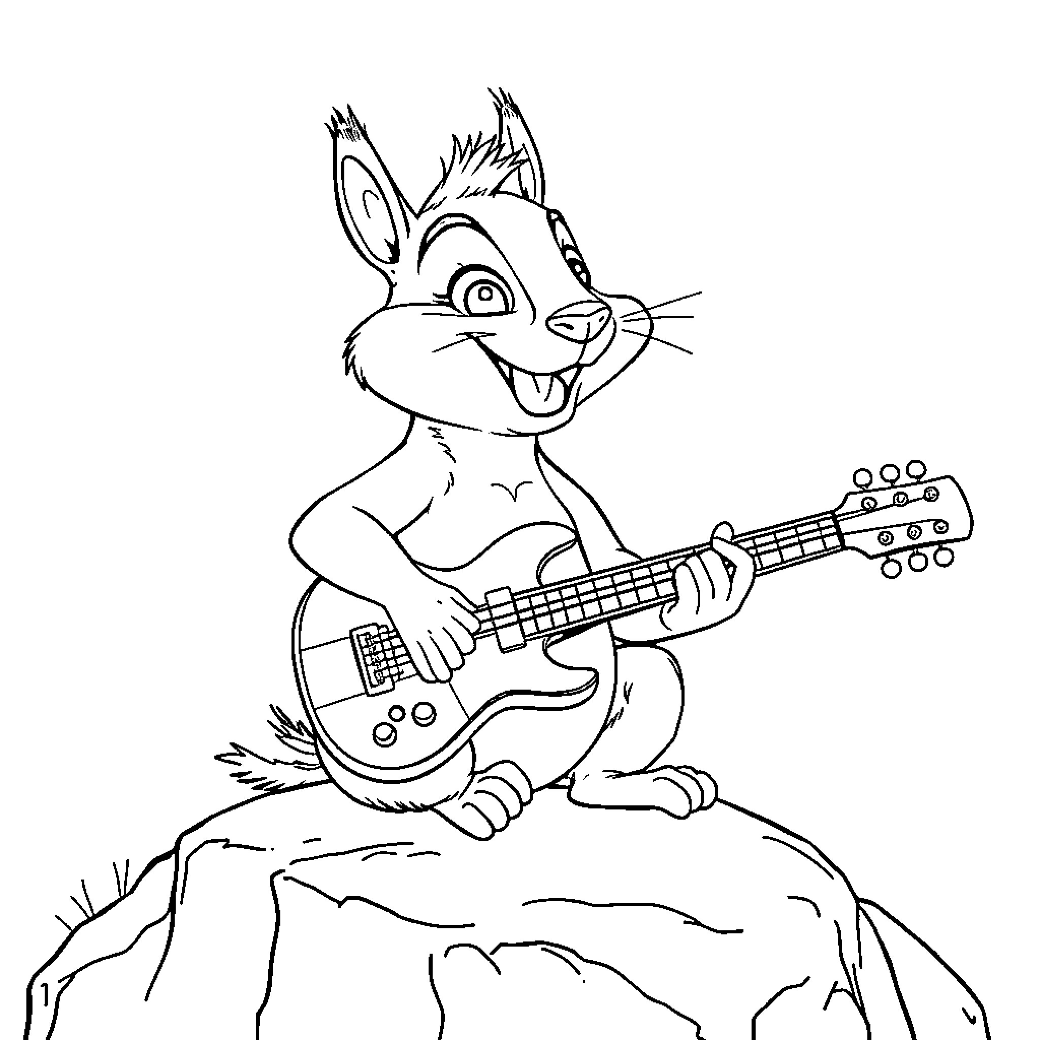 Squirrel playing guitar on a rocky ledge Coloring Page (free black-and-white line drawing printable PDF for all, from beginners to advanced learners, including children, teens, adults, and seniors)