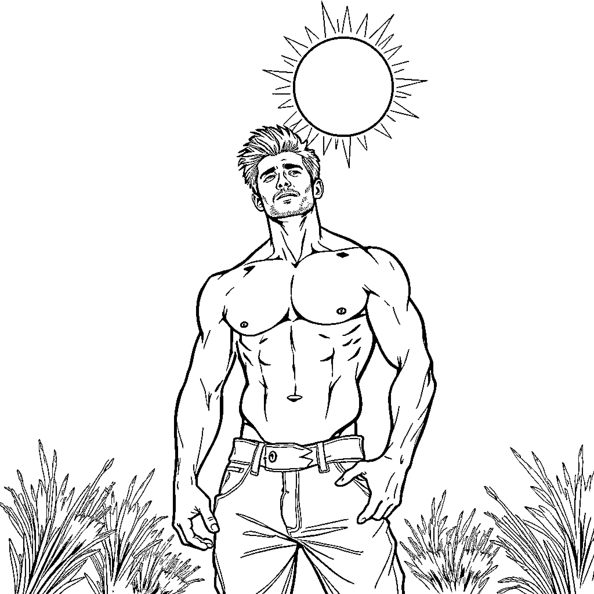 Billy Hargrove standing shirtless in the sun Coloring Page (free black-and-white line drawing printable PDF for all, from beginners to advanced learners, including children, teens, adults, and seniors)