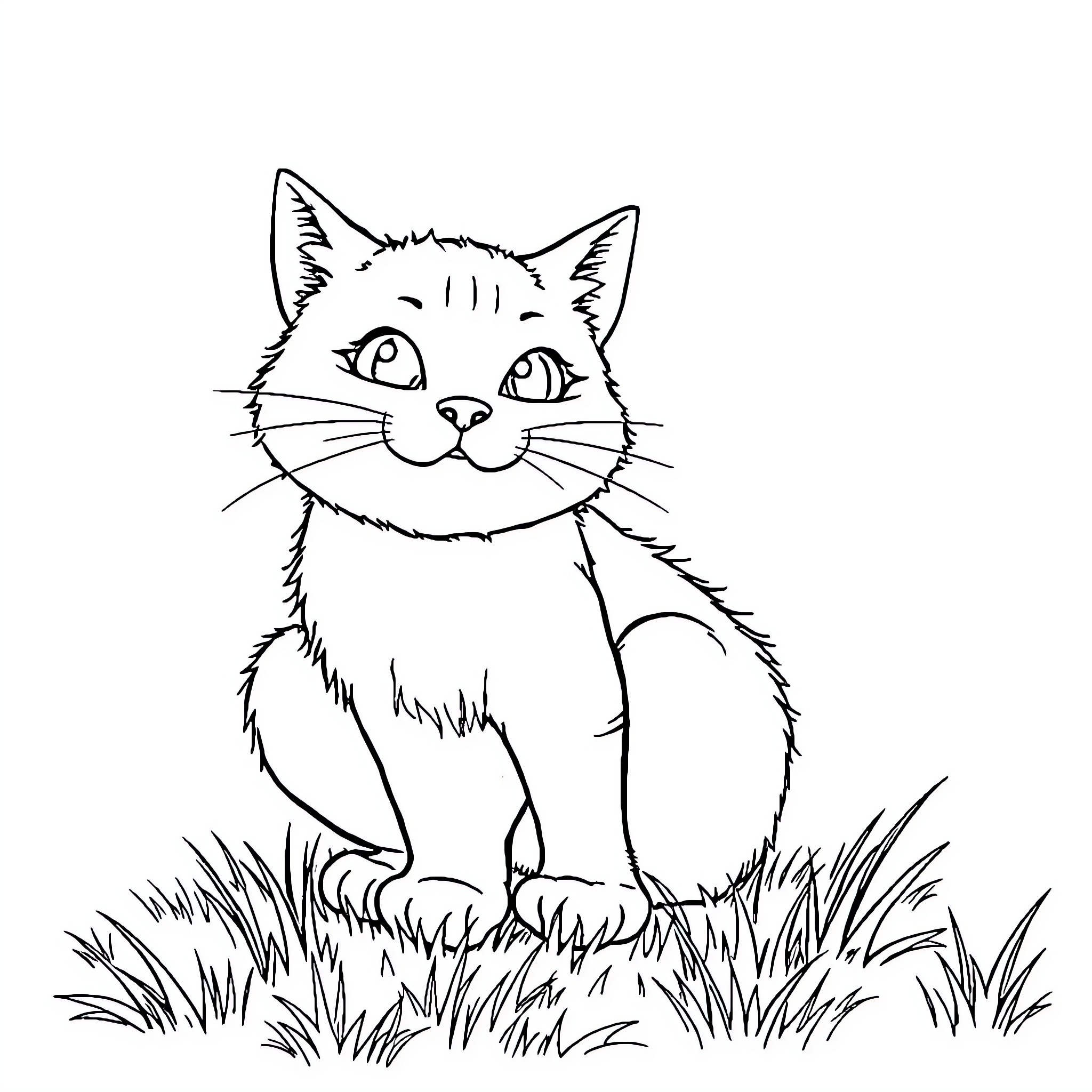 Cat sitting calmly in the grass Coloring Page (free black-and-white line drawing printable PDF for all, from beginners to advanced learners, including children, teens, adults, and seniors)