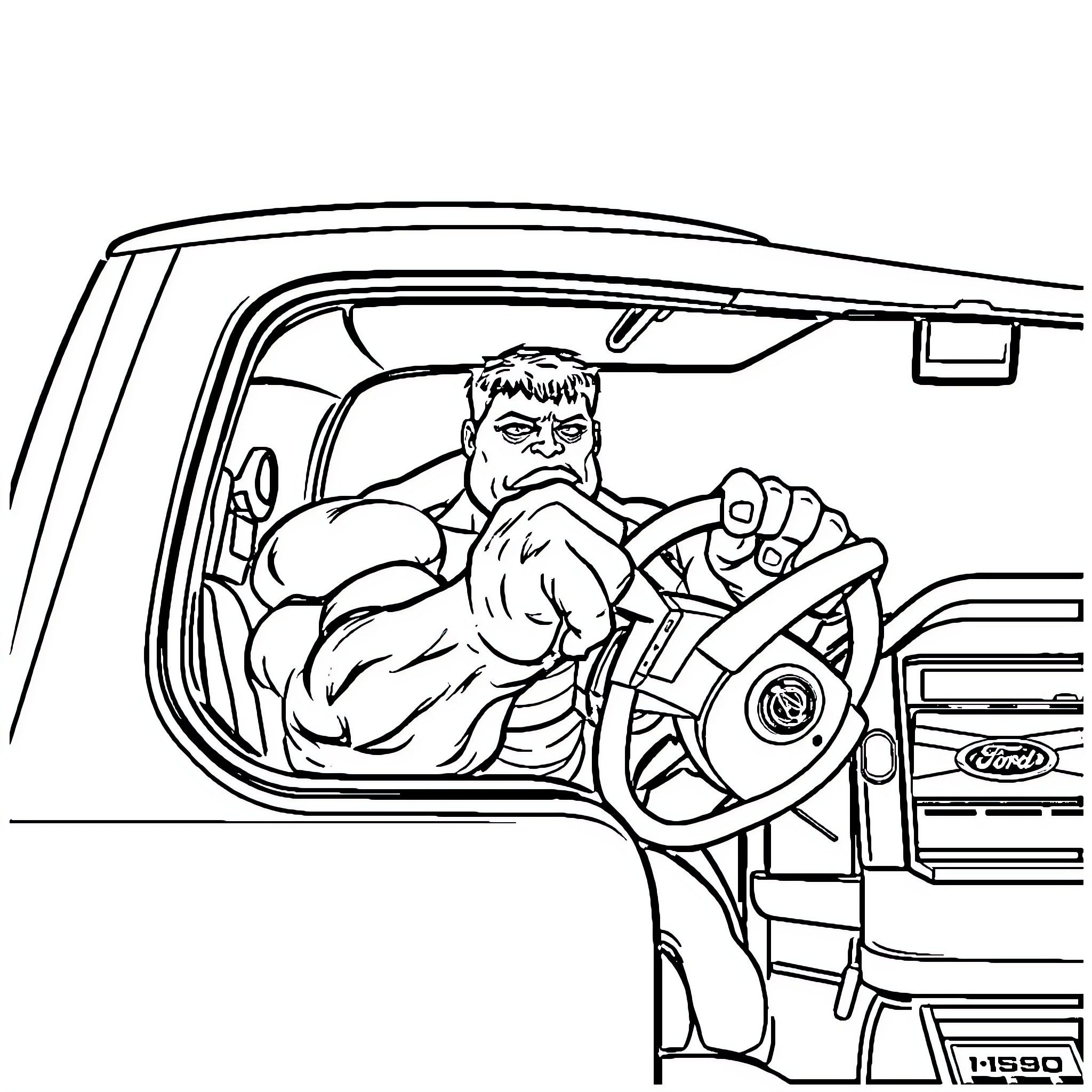Hulk Driving Fiercely in Vehicle Coloring Page (free black-and-white line drawing printable PDF for all, from beginners to advanced learners, including children, teens, adults, and seniors)