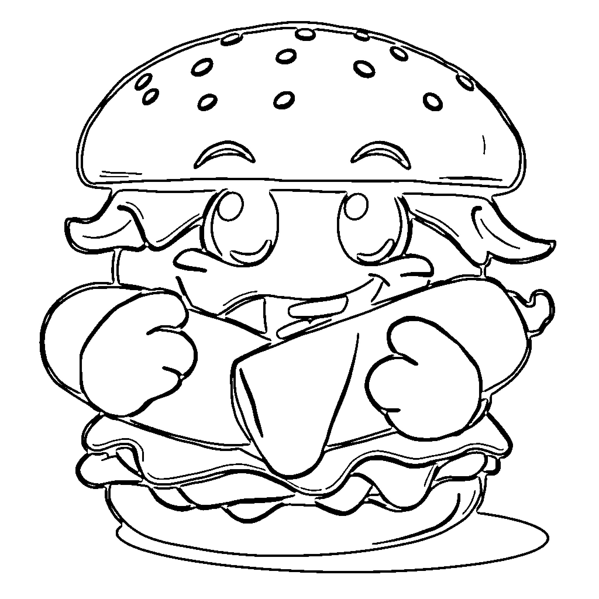 Burger with a silly expression Coloring Page (free black-and-white line drawing printable PDF for all, from beginners to advanced learners, including children, teens, adults, and seniors)